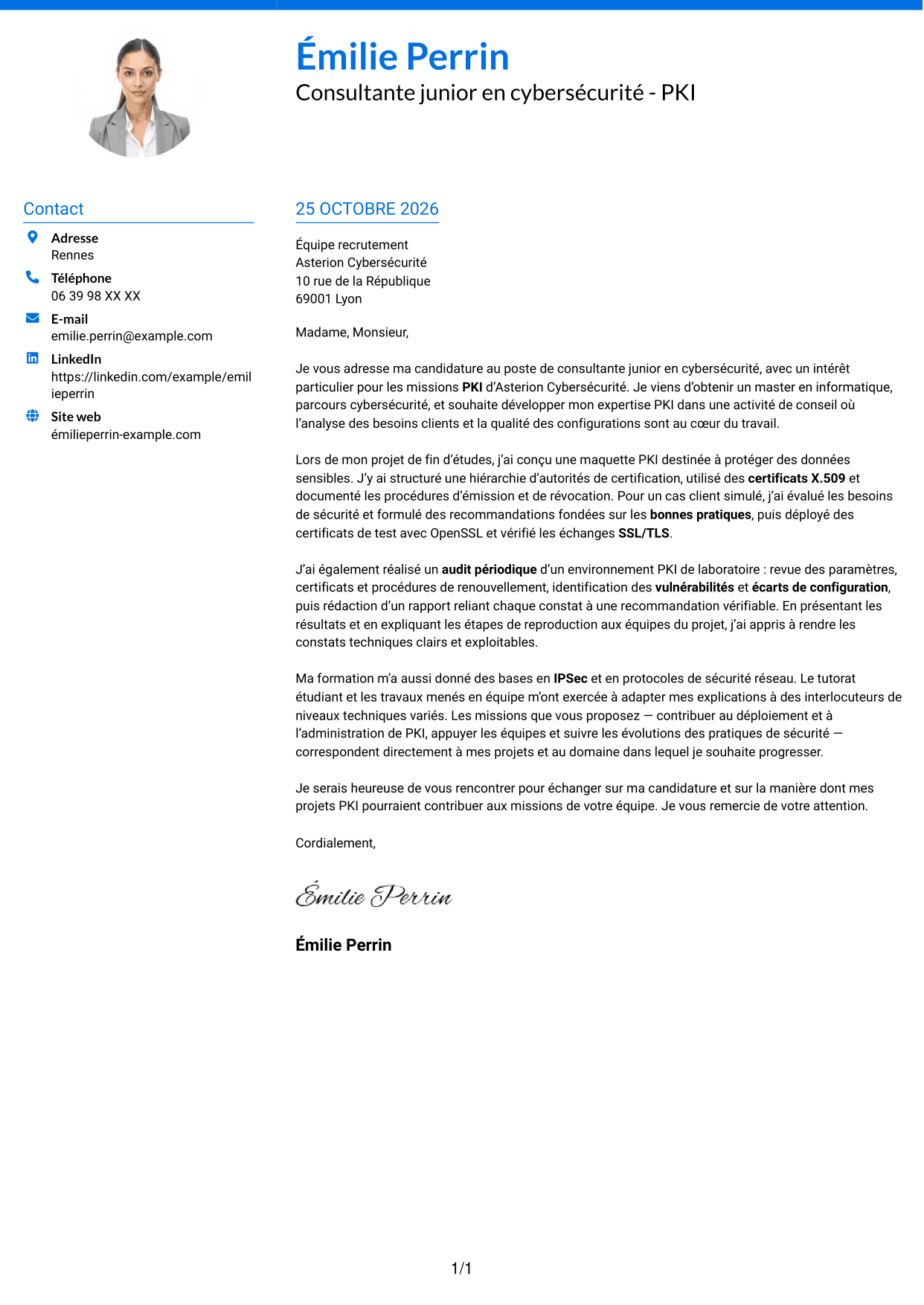 Lettre de motivation Audacieux (format à deux colonnes avec accents colorés et photo) : Consultante junior en cybersécurité - PKI, page 1
