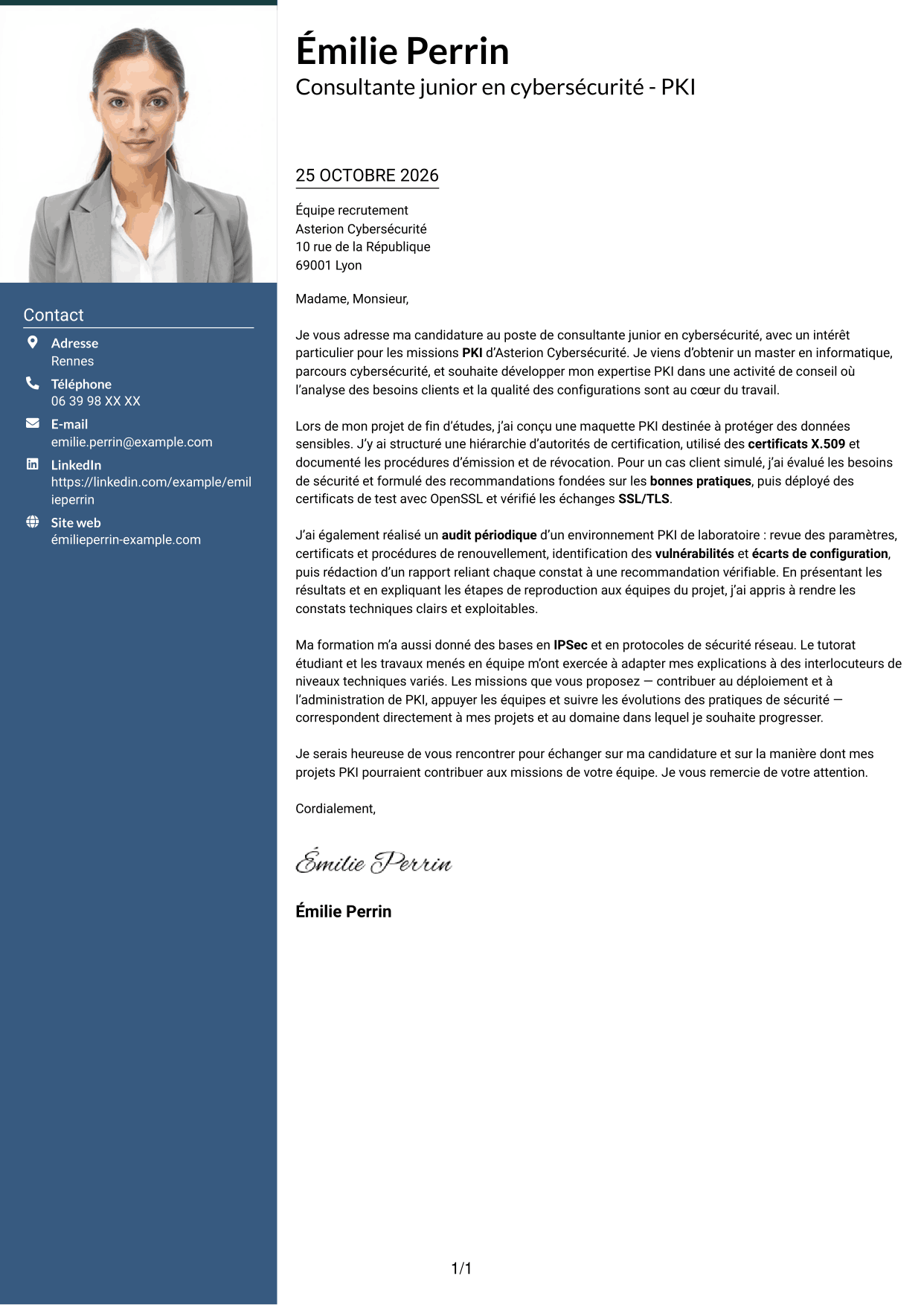 Lettre de motivation Signature (format à colonne latérale colorée avec grande photo) : Consultante junior en cybersécurité - PKI, page 1