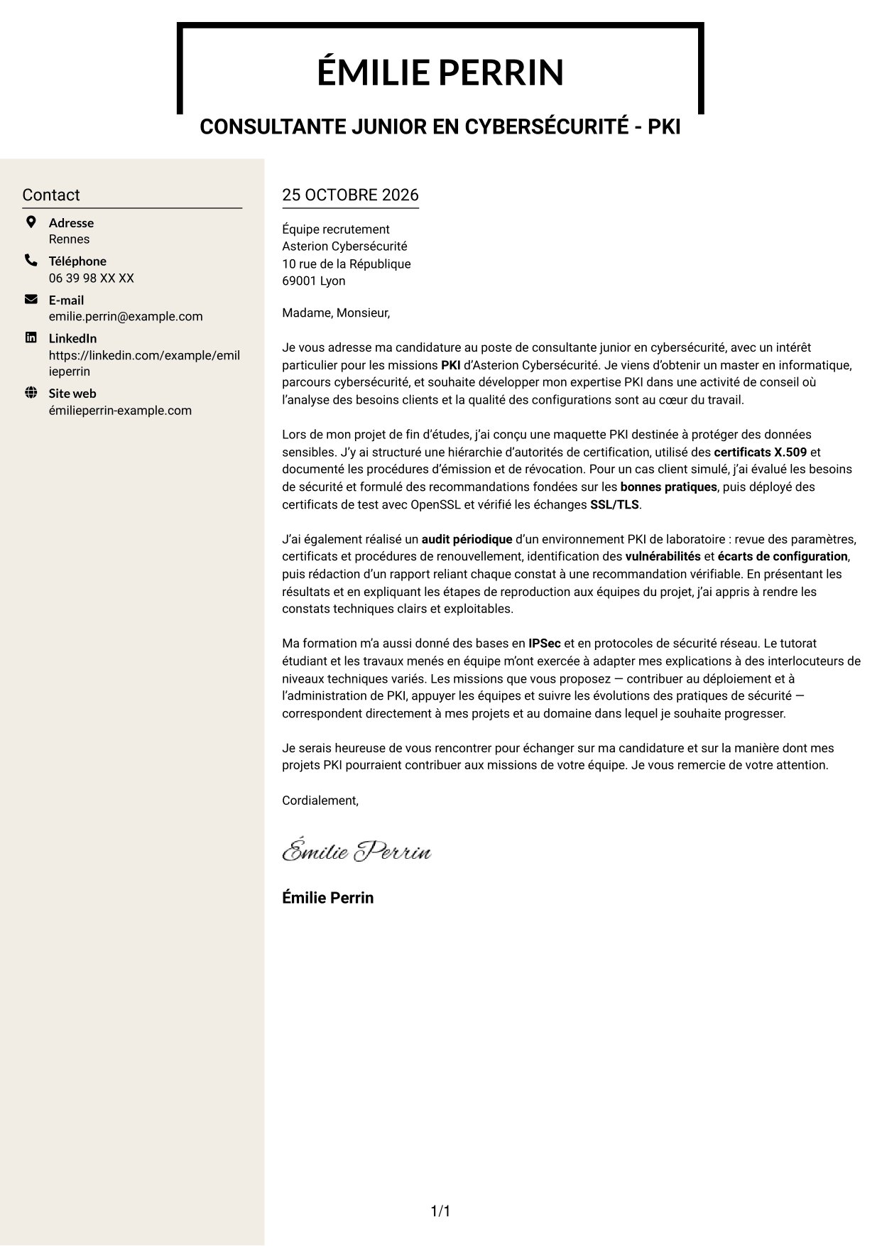 Lettre de motivation Fonceur (format à deux colonnes avec en-tête centré sans photo) : Consultante junior en cybersécurité - PKI, page 1