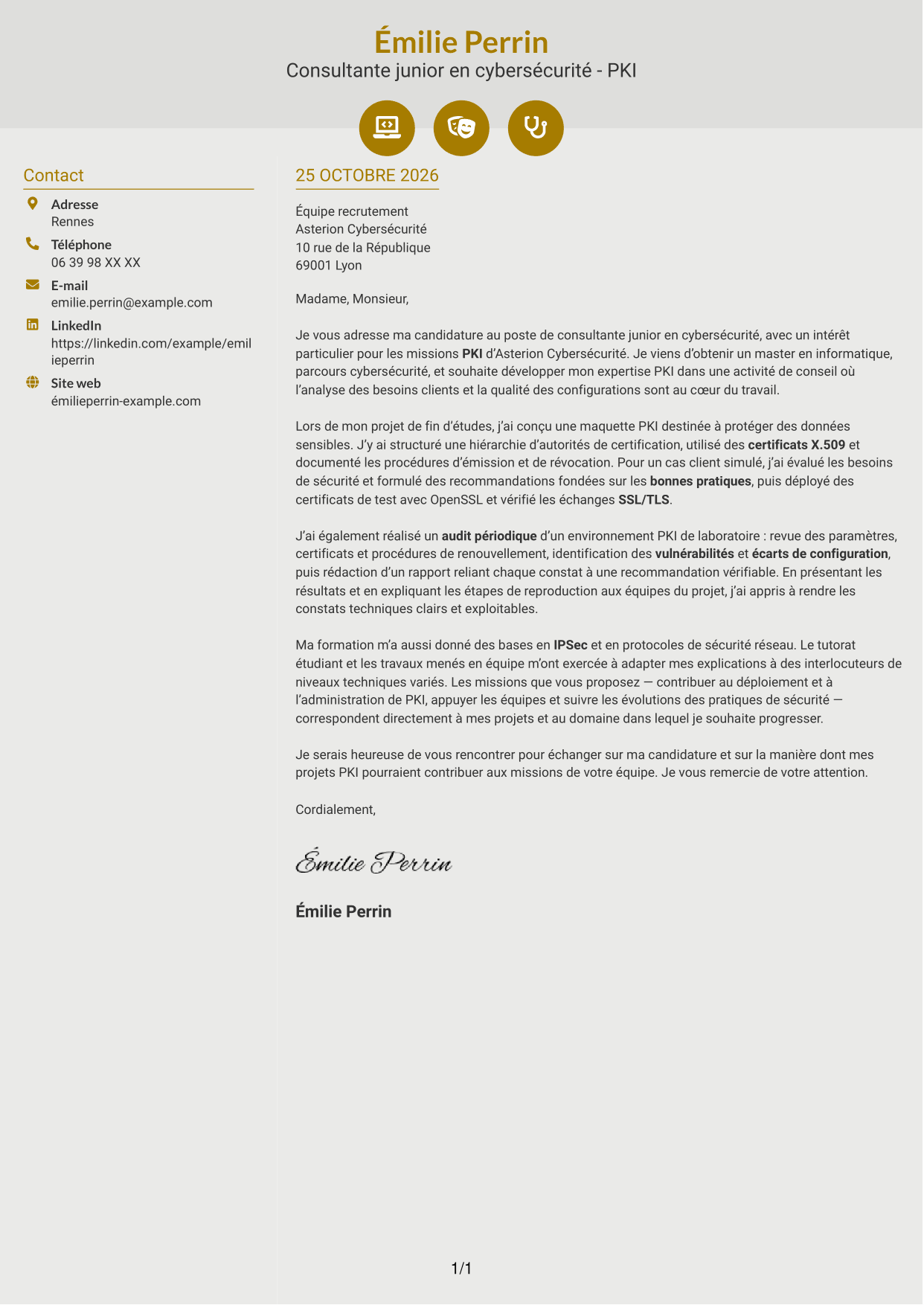 Lettre de motivation Dynamique (format à deux colonnes avec icônes) : Consultante junior en cybersécurité - PKI, page 1