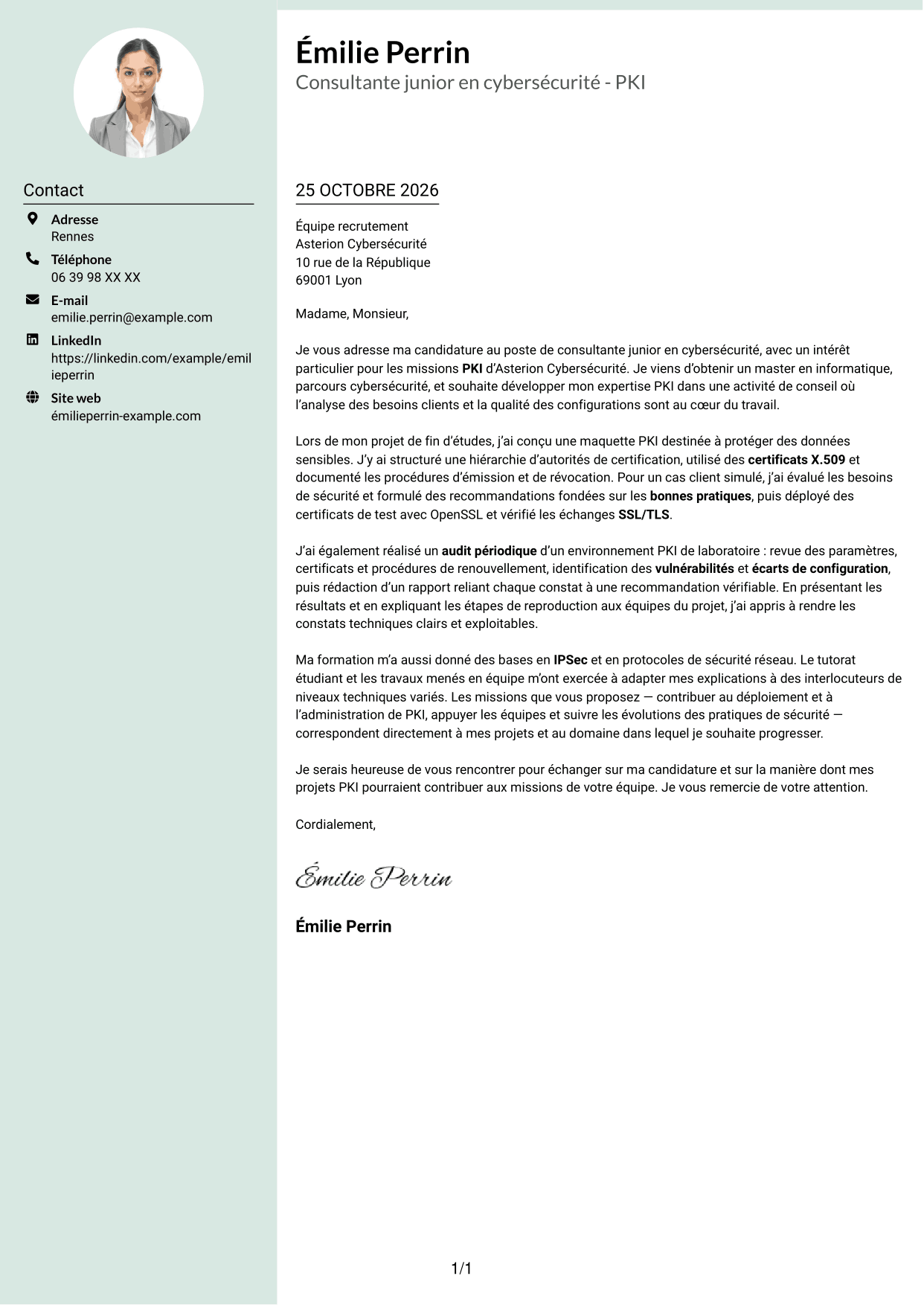 Lettre de motivation Cadre (format à colonne latérale douce avec photo arrondie) : Consultante junior en cybersécurité - PKI, page 1