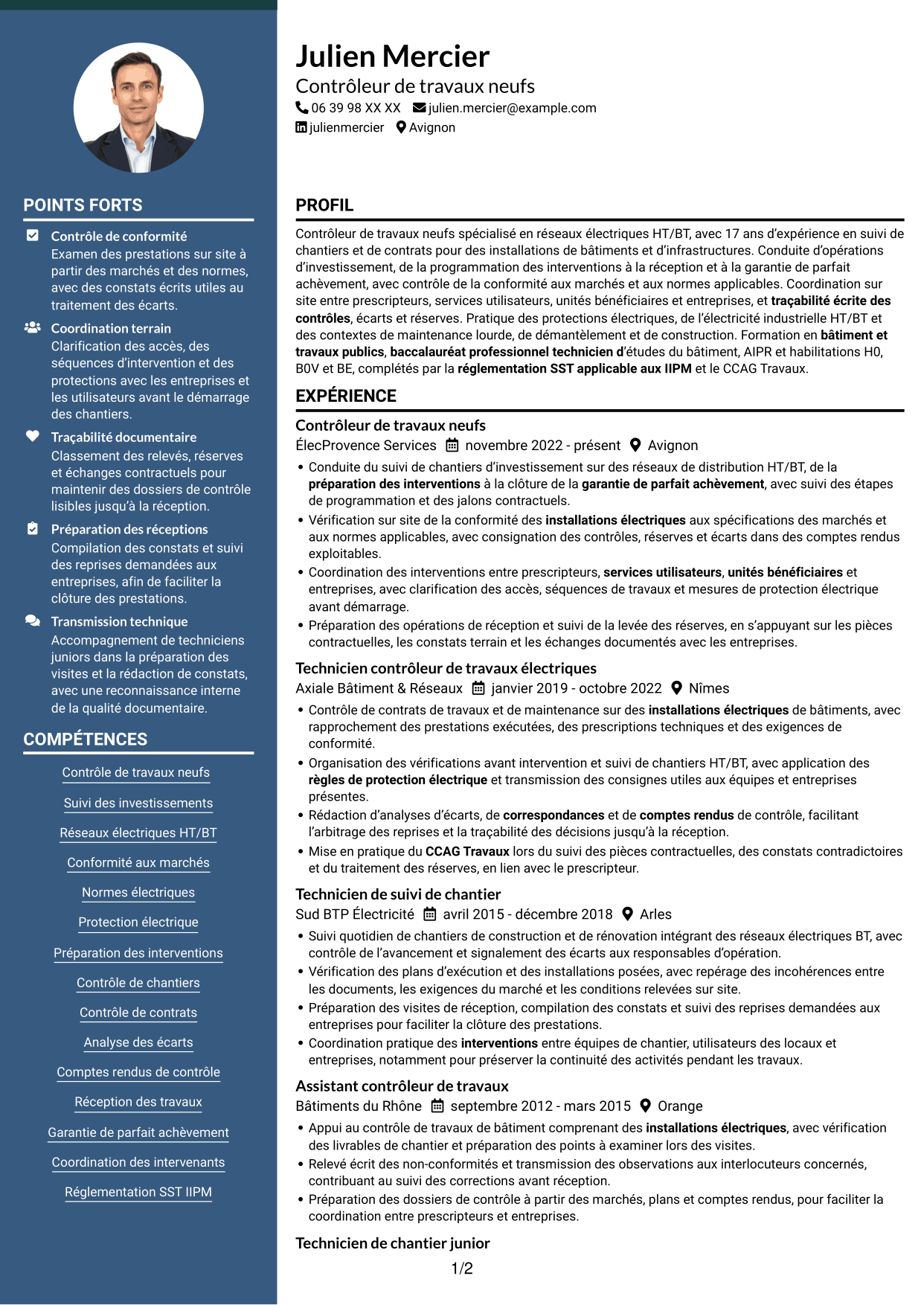 CV Élégant (format à colonne latérale colorée avec photo) : Contrôleur de travaux neufs - Réseaux électriques HT/BT, page 1