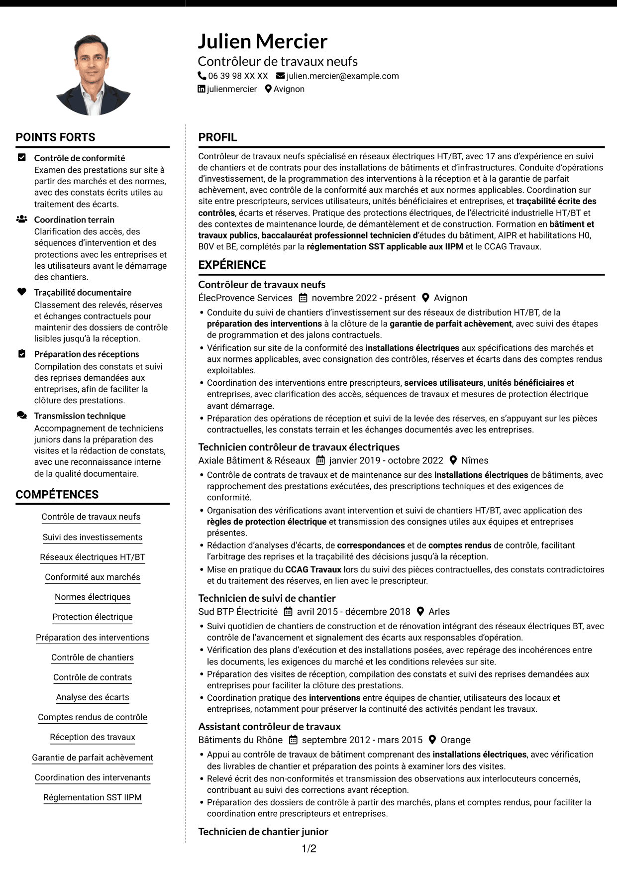 CV Moderne (format à deux colonnes avec photo à gauche et séparateur) : Contrôleur de travaux neufs - Réseaux électriques HT/BT, page 1