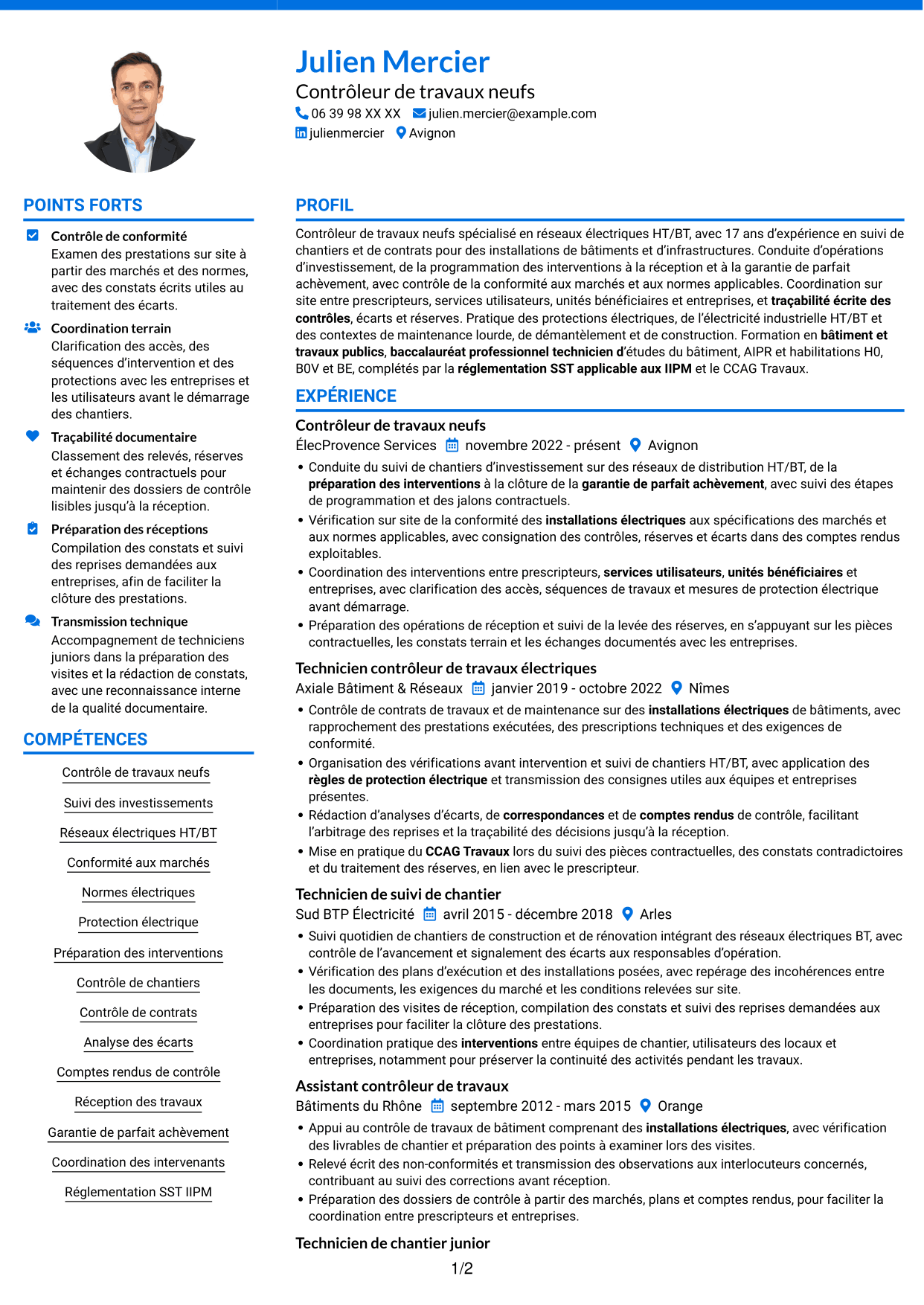 CV Audacieux (format à deux colonnes avec accents colorés et photo) : Contrôleur de travaux neufs - Réseaux électriques HT/BT, page 1