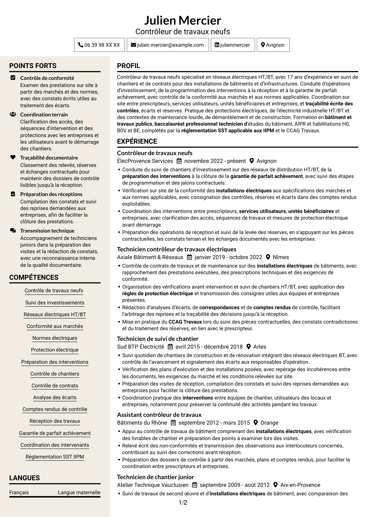 CV Fonceur (format à deux colonnes avec en-tête centré sans photo) : Contrôleur de travaux neufs - Réseaux électriques HT/BT, page 1