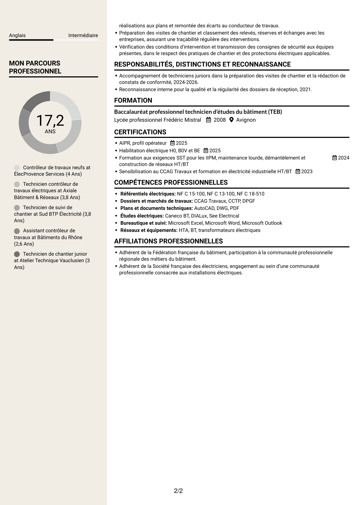 CV Fonceur (format à deux colonnes avec en-tête centré sans photo) : Contrôleur de travaux neufs - Réseaux électriques HT/BT, page 2