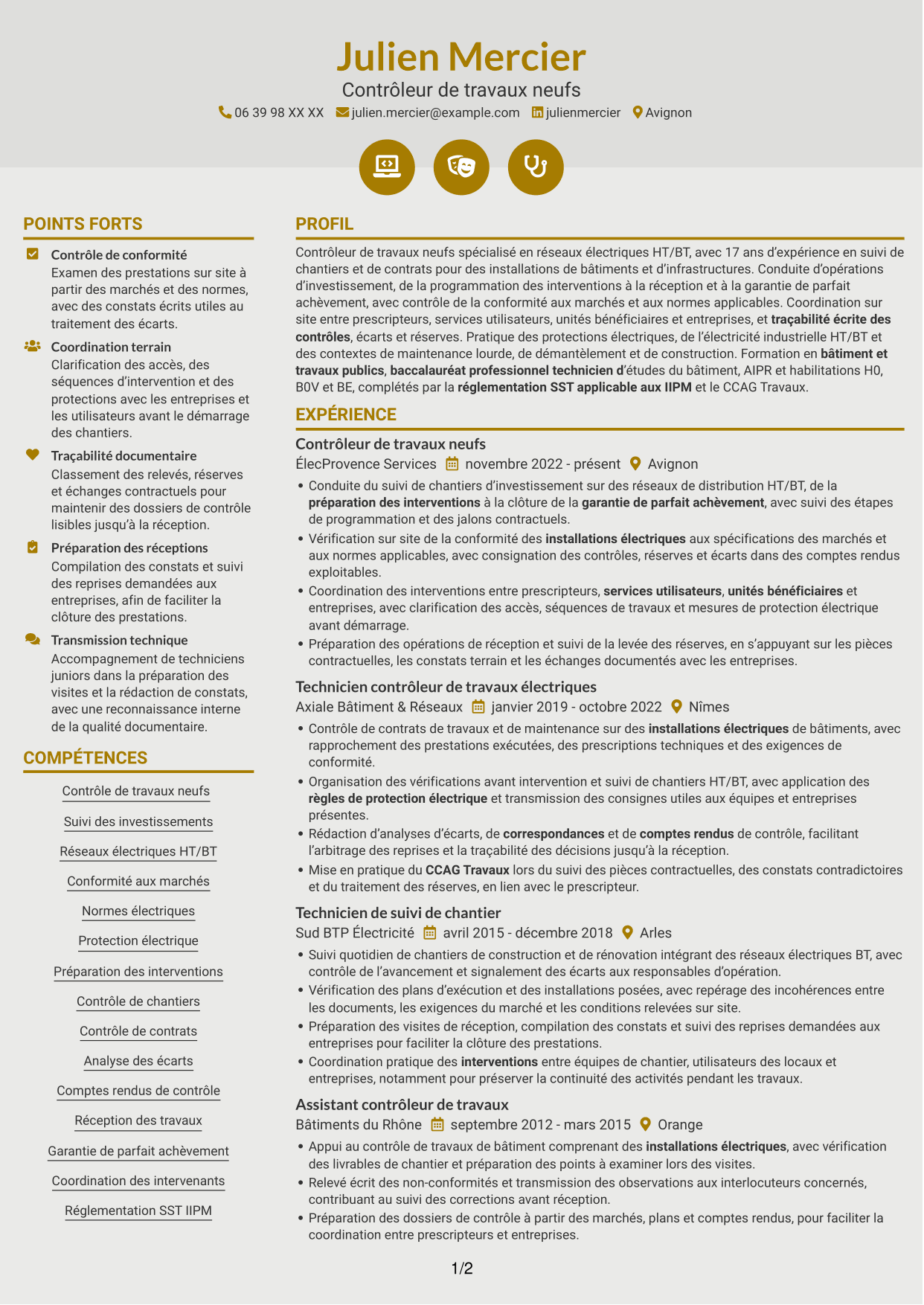 CV Dynamique (format à deux colonnes avec icônes) : Contrôleur de travaux neufs - Réseaux électriques HT/BT, page 1