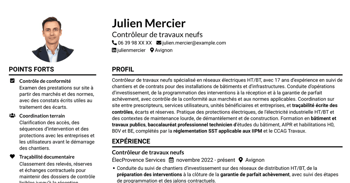 7 modèles de CV pour Contrôleur de travaux neufs - Réseaux électriques HT/BT, avec exemples