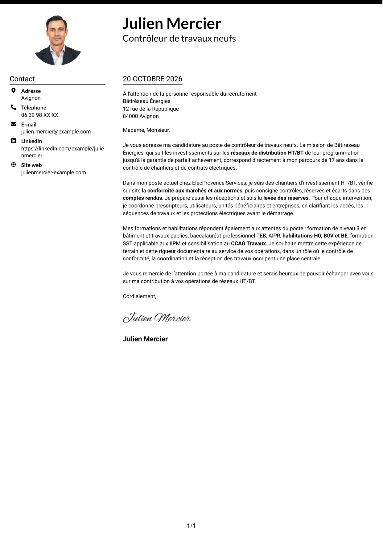 Lettre de motivation Moderne (format à deux colonnes avec photo à gauche et séparateur) : Contrôleur de travaux neufs - Réseaux électriques HT/BT, page 1