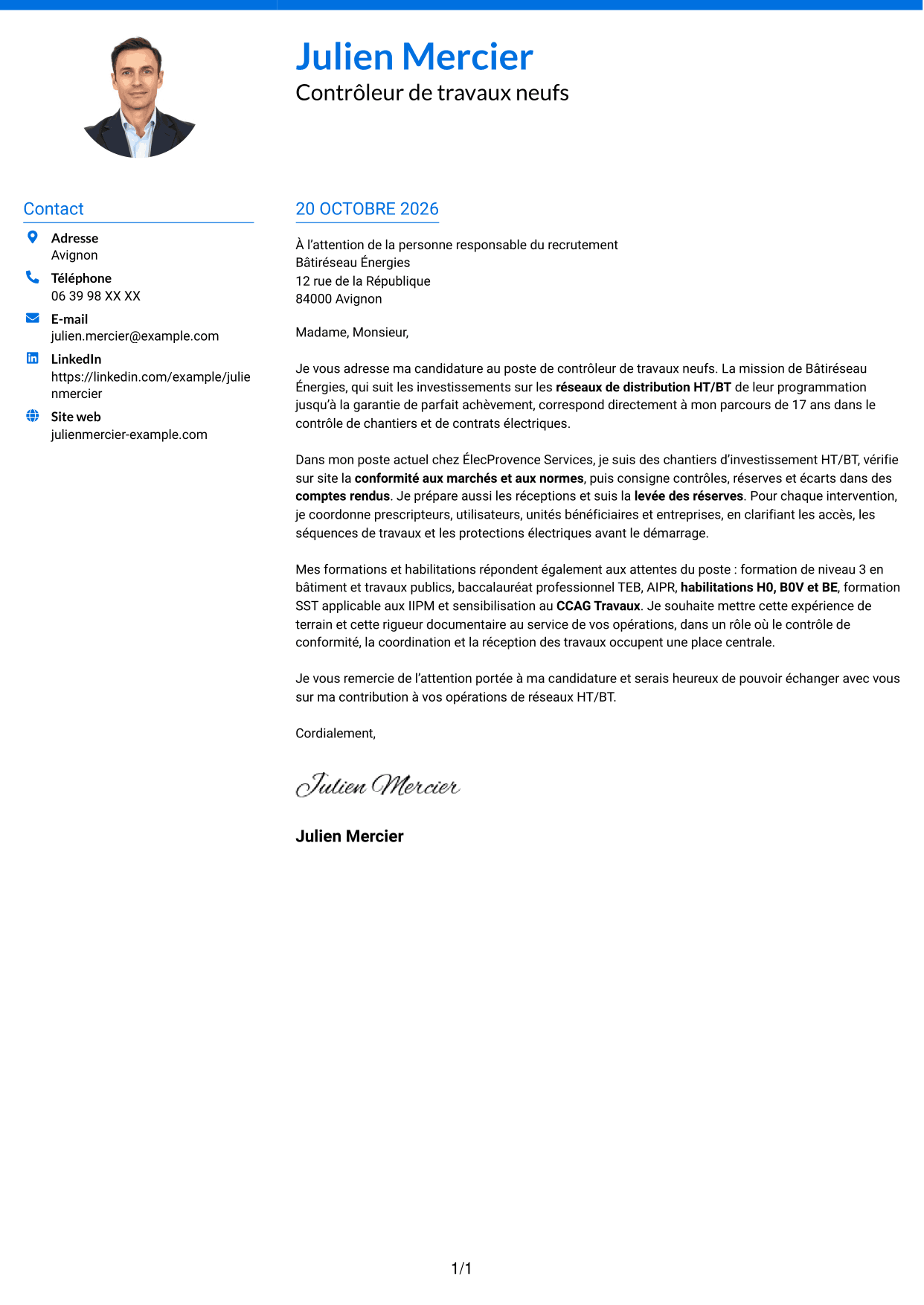 Lettre de motivation Audacieux (format à deux colonnes avec accents colorés et photo) : Contrôleur de travaux neufs - Réseaux électriques HT/BT, page 1