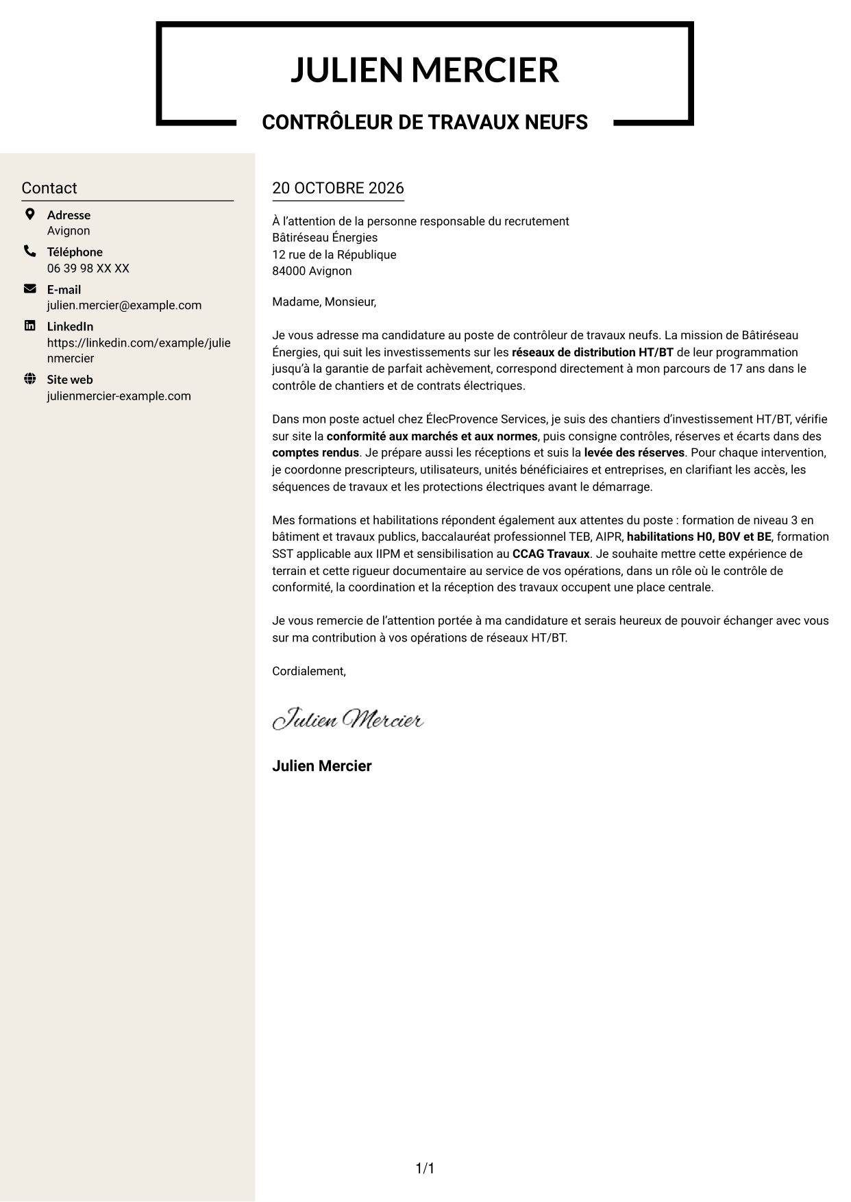 Lettre de motivation Fonceur (format à deux colonnes avec en-tête centré sans photo) : Contrôleur de travaux neufs - Réseaux électriques HT/BT, page 1