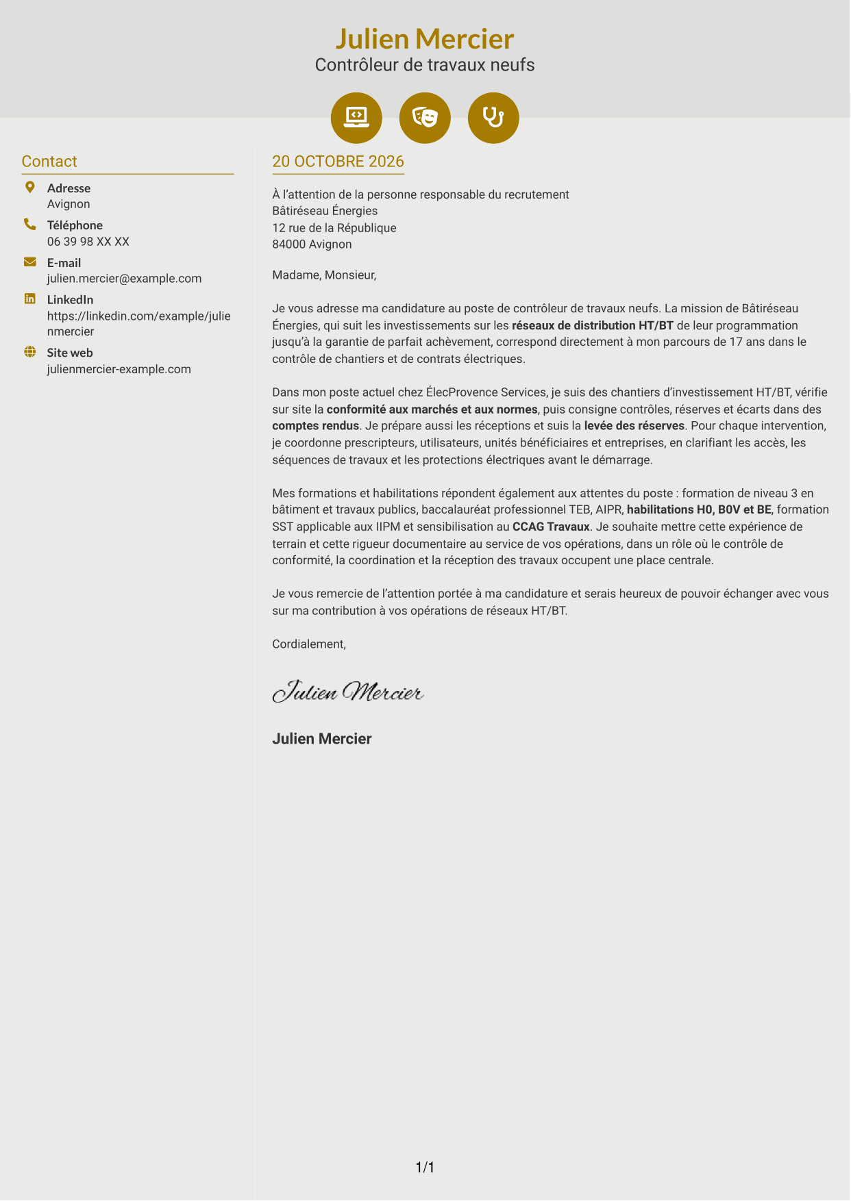 Lettre de motivation Dynamique (format à deux colonnes avec icônes) : Contrôleur de travaux neufs - Réseaux électriques HT/BT, page 1