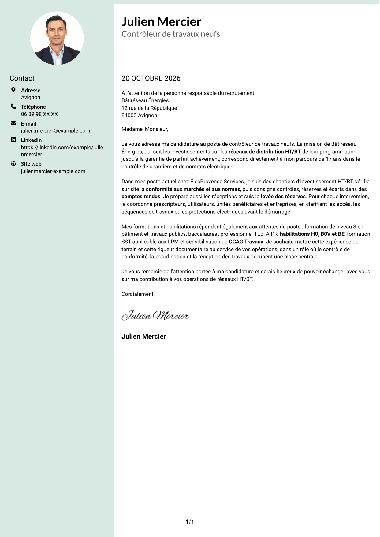 Lettre de motivation Cadre (format à colonne latérale douce avec photo arrondie) : Contrôleur de travaux neufs - Réseaux électriques HT/BT, page 1