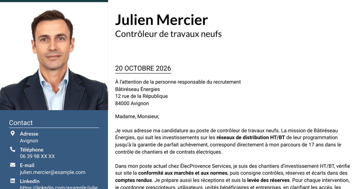 7 modèles de lettre de motivation pour Contrôleur de travaux neufs - Réseaux électriques HT/BT, avec exemples