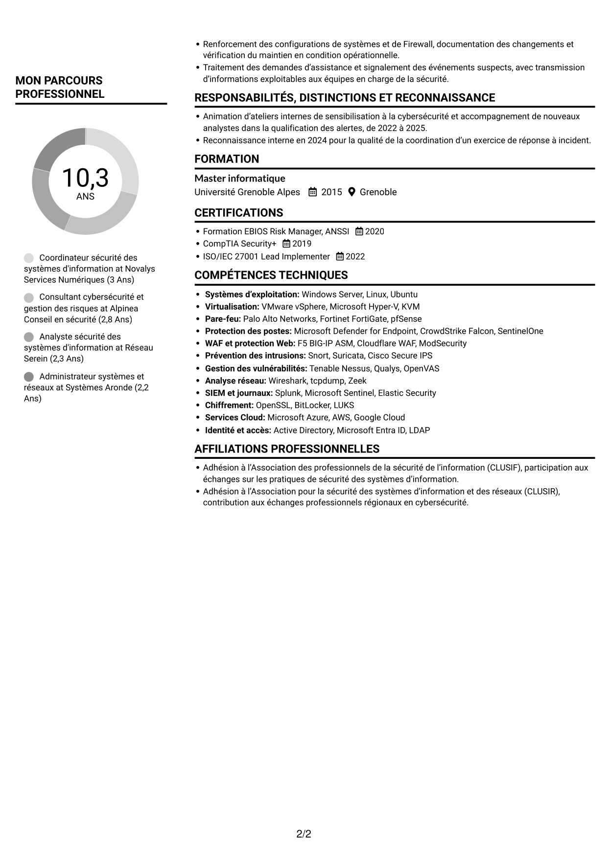 CV Compact (format sobre à deux colonnes avec photo) : Coordinateur cybersécurité - Sécurité des systèmes d'information, page 2