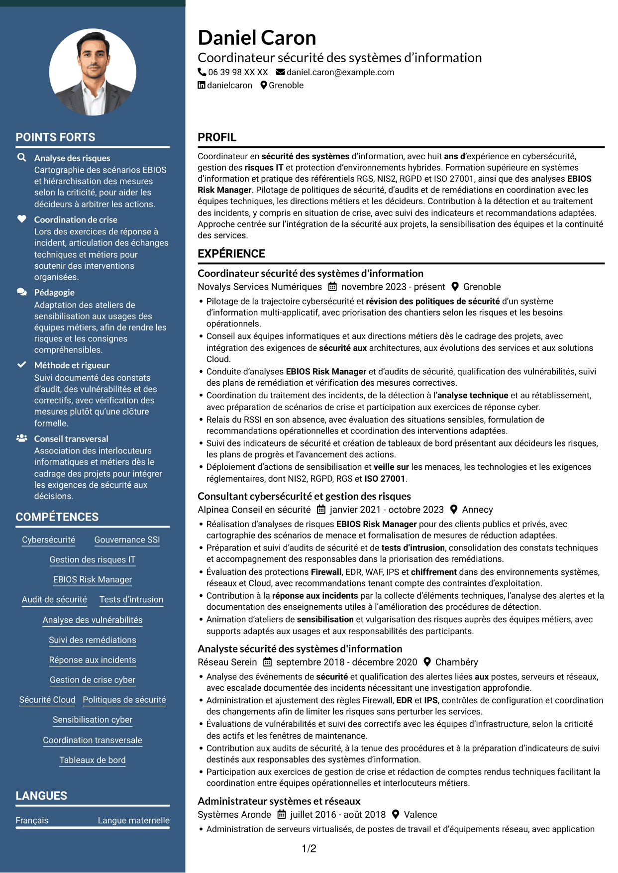 CV Élégant (format à colonne latérale colorée avec photo) : Coordinateur cybersécurité - Sécurité des systèmes d'information, page 1