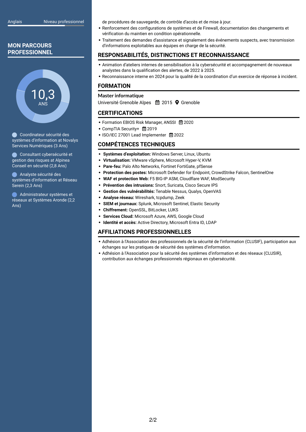 CV Élégant (format à colonne latérale colorée avec photo) : Coordinateur cybersécurité - Sécurité des systèmes d'information, page 2