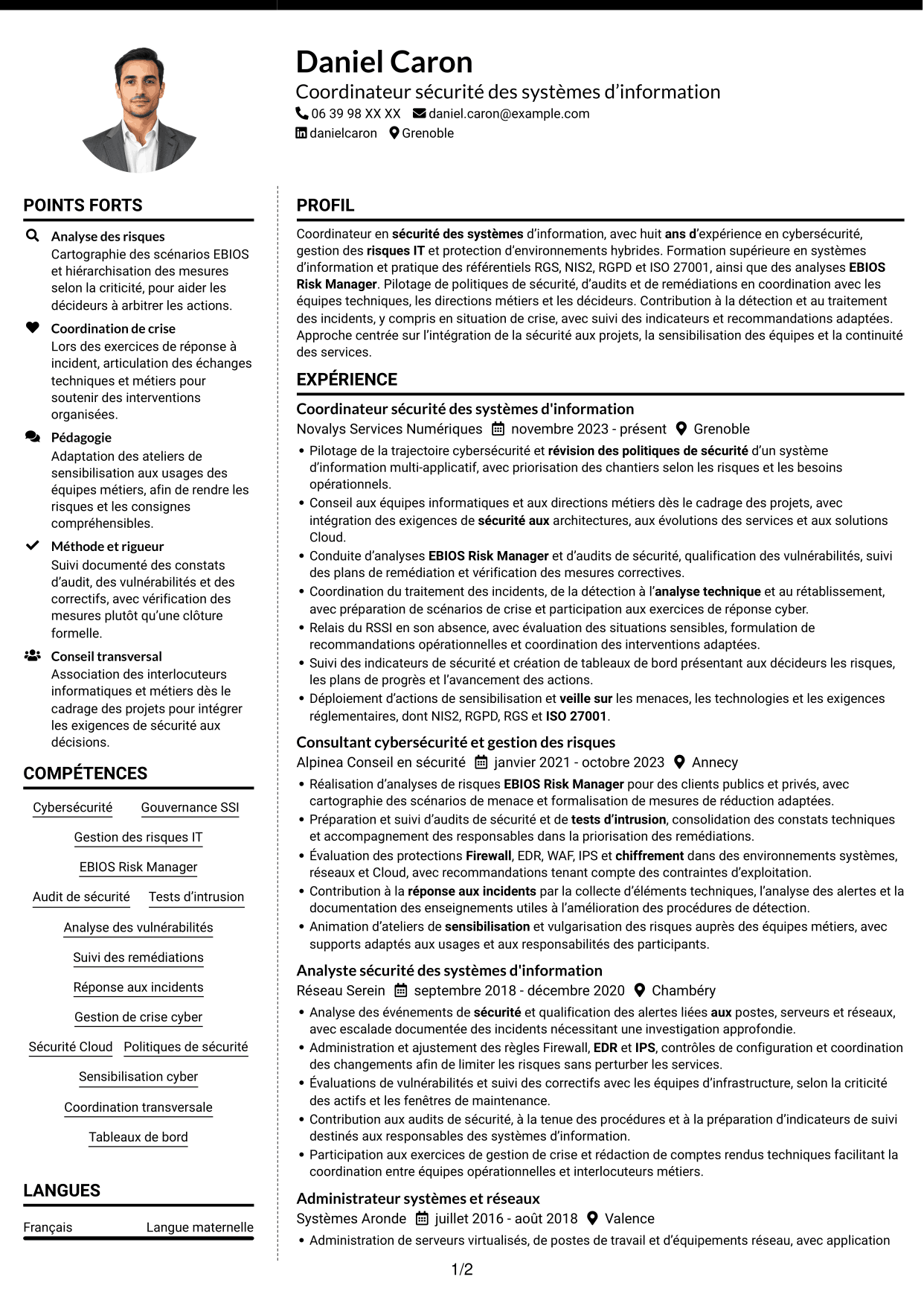 CV Moderne (format à deux colonnes avec photo à gauche et séparateur) : Coordinateur cybersécurité - Sécurité des systèmes d'information, page 1
