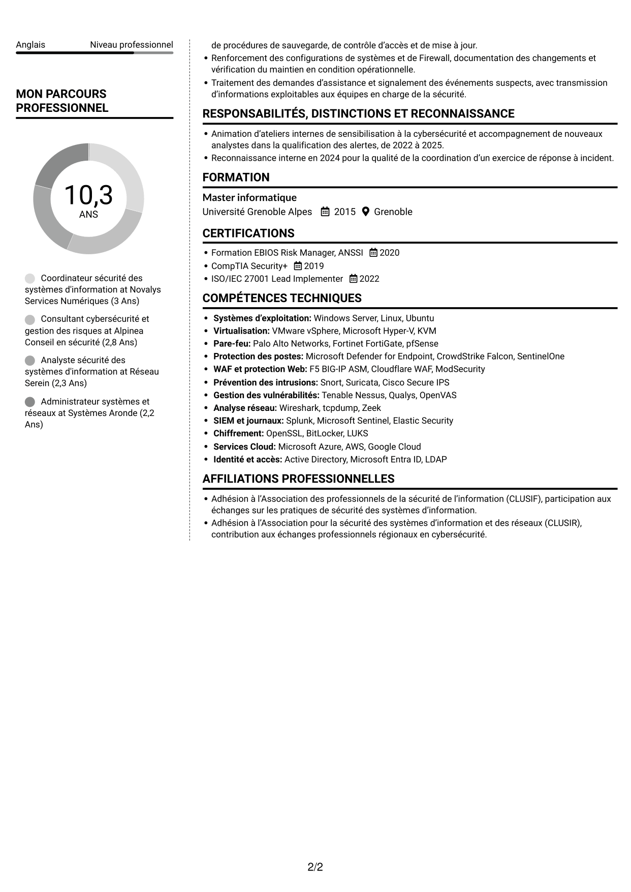 CV Moderne (format à deux colonnes avec photo à gauche et séparateur) : Coordinateur cybersécurité - Sécurité des systèmes d'information, page 2