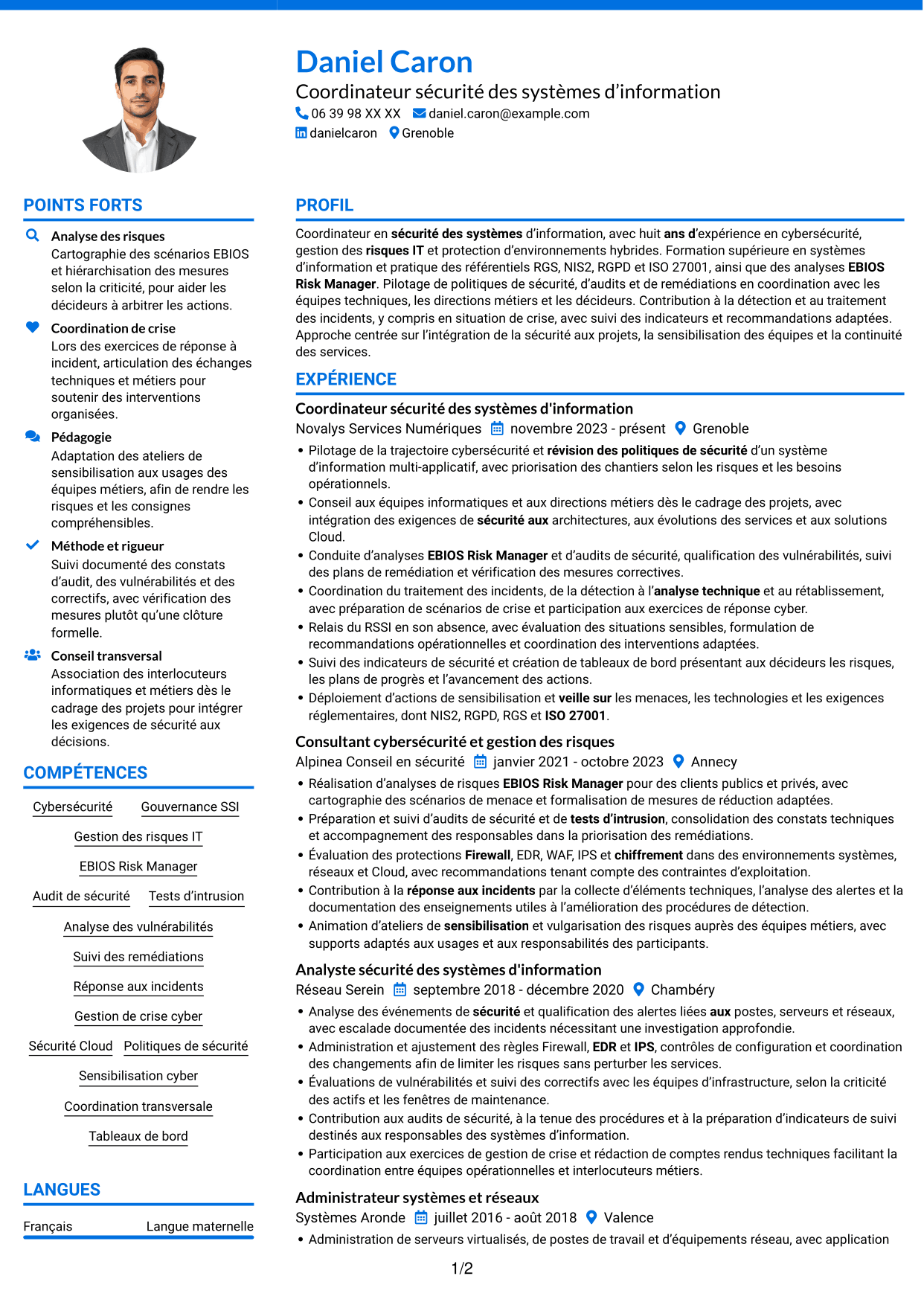 CV Audacieux (format à deux colonnes avec accents colorés et photo) : Coordinateur cybersécurité - Sécurité des systèmes d'information, page 1