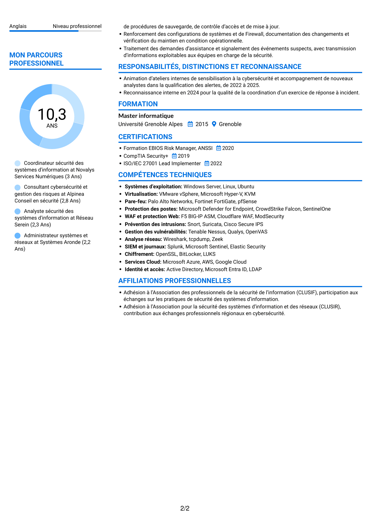CV Audacieux (format à deux colonnes avec accents colorés et photo) : Coordinateur cybersécurité - Sécurité des systèmes d'information, page 2