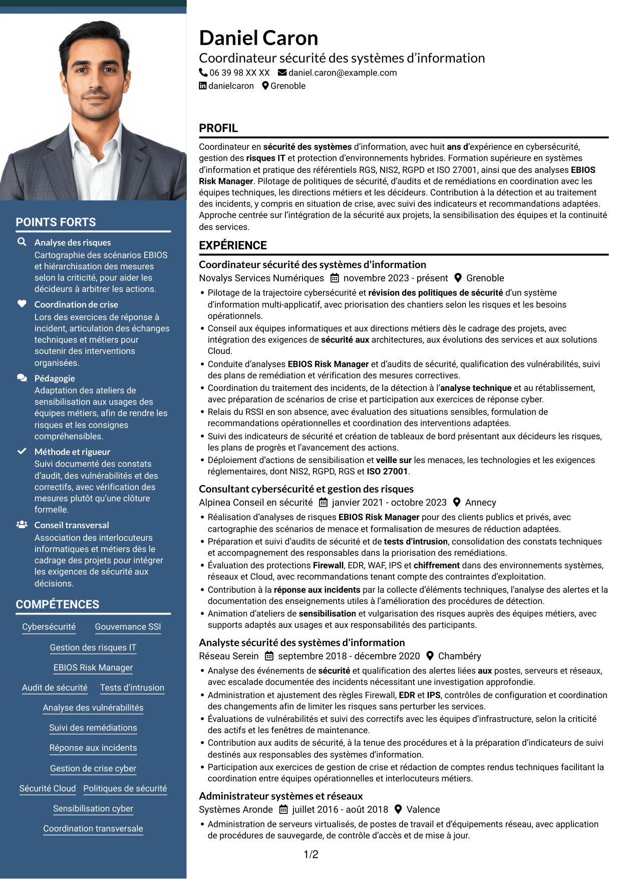 CV Signature (format à colonne latérale colorée avec grande photo) : Coordinateur cybersécurité - Sécurité des systèmes d'information, page 1