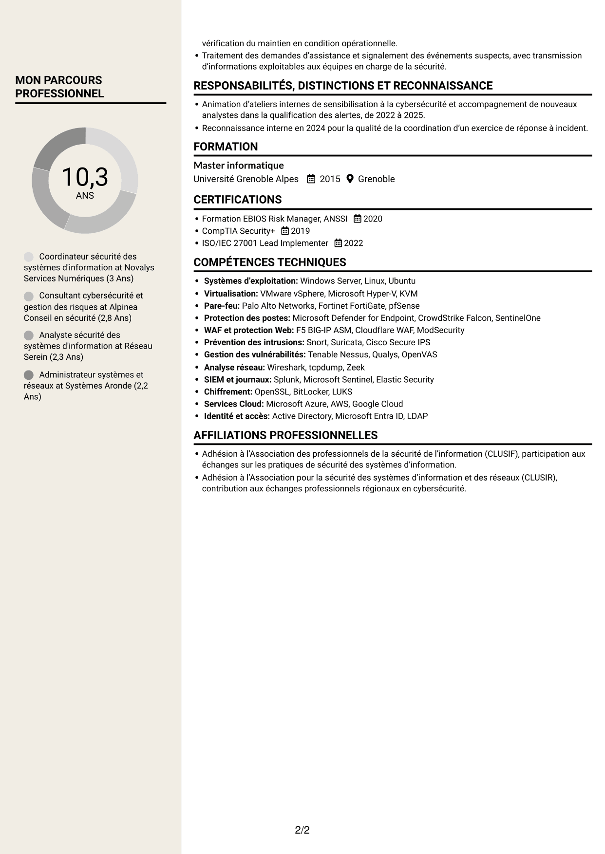 CV Fonceur (format à deux colonnes avec en-tête centré sans photo) : Coordinateur cybersécurité - Sécurité des systèmes d'information, page 2