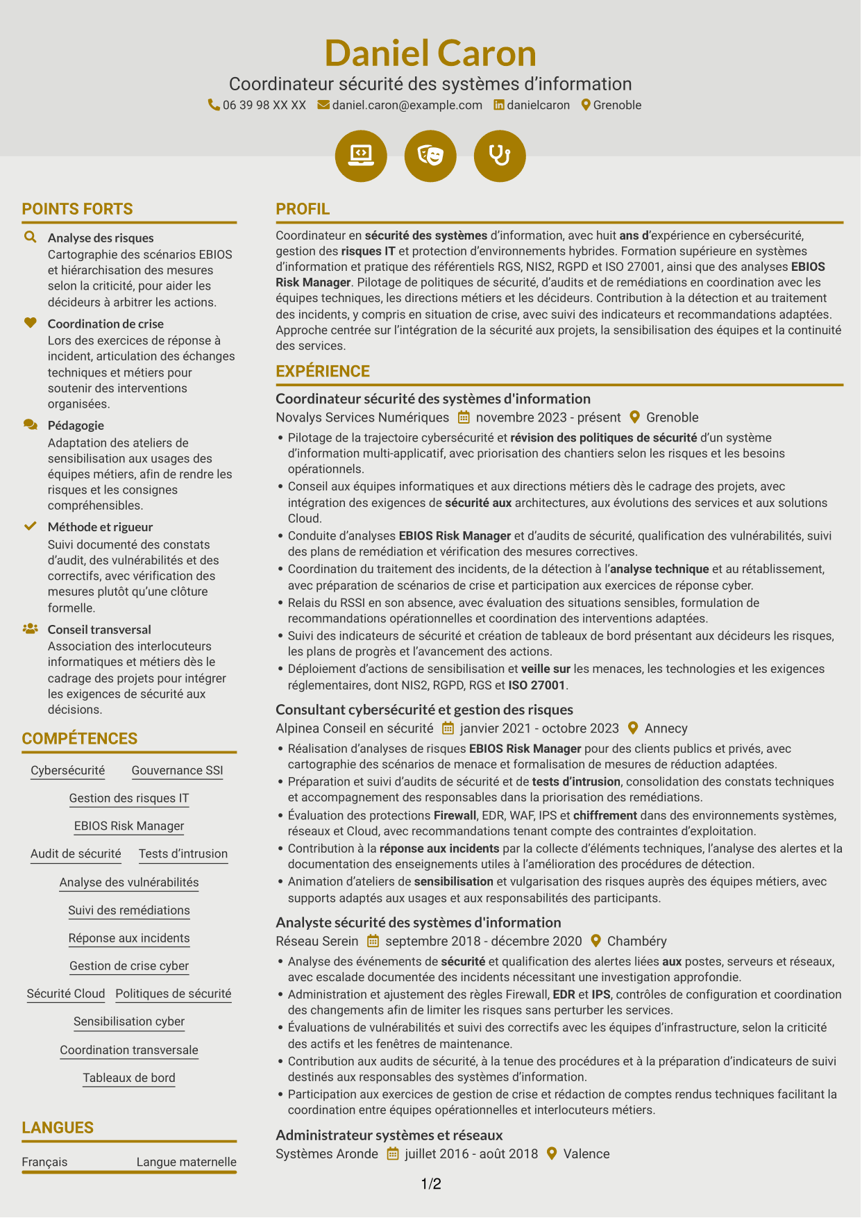 CV Dynamique (format à deux colonnes avec icônes) : Coordinateur cybersécurité - Sécurité des systèmes d'information, page 1
