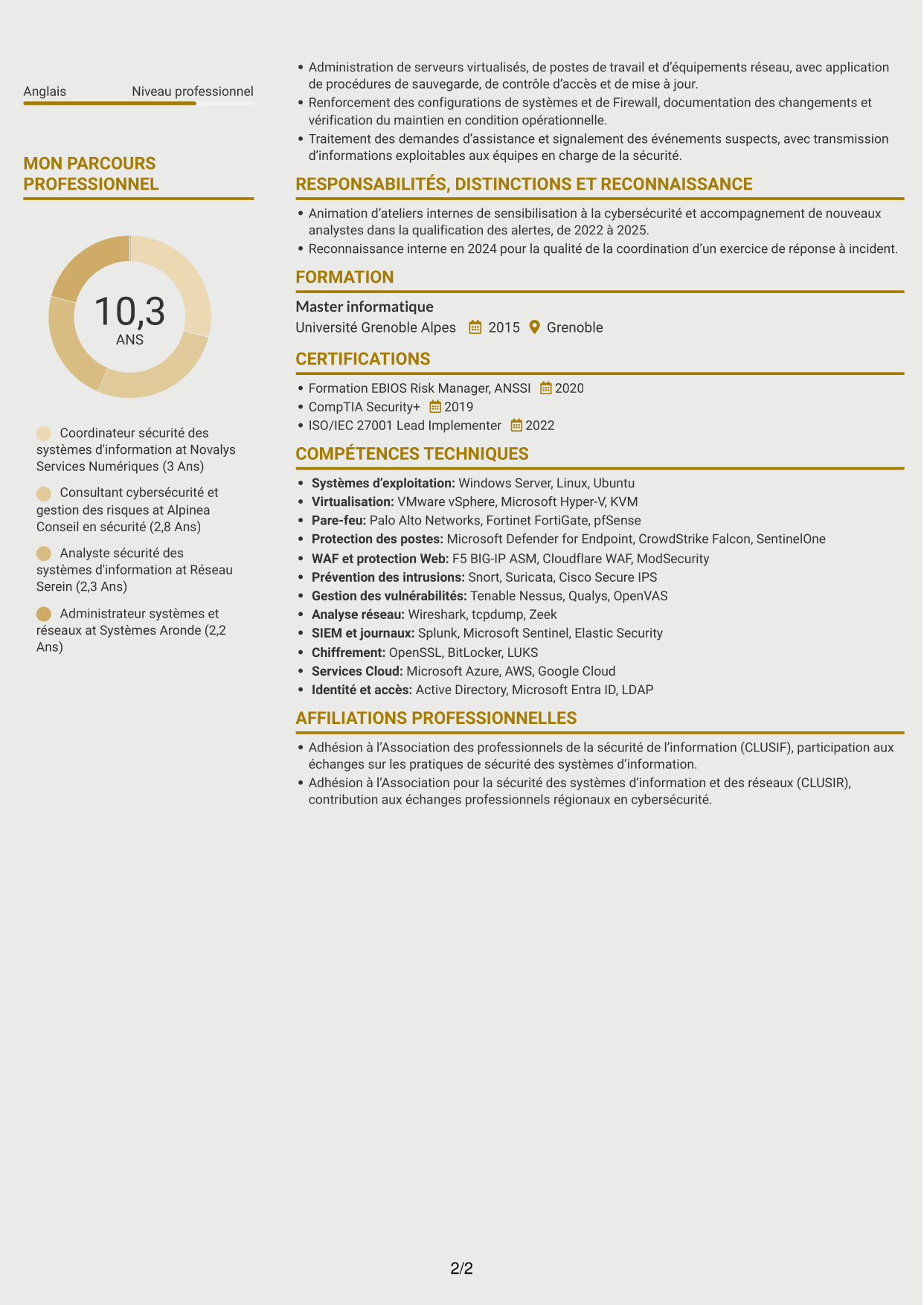 CV Dynamique (format à deux colonnes avec icônes) : Coordinateur cybersécurité - Sécurité des systèmes d'information, page 2