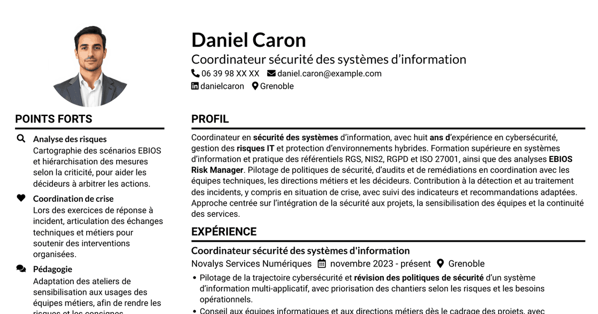 7 modèles de CV pour Coordinateur cybersécurité - Sécurité des systèmes d'information, avec exemples