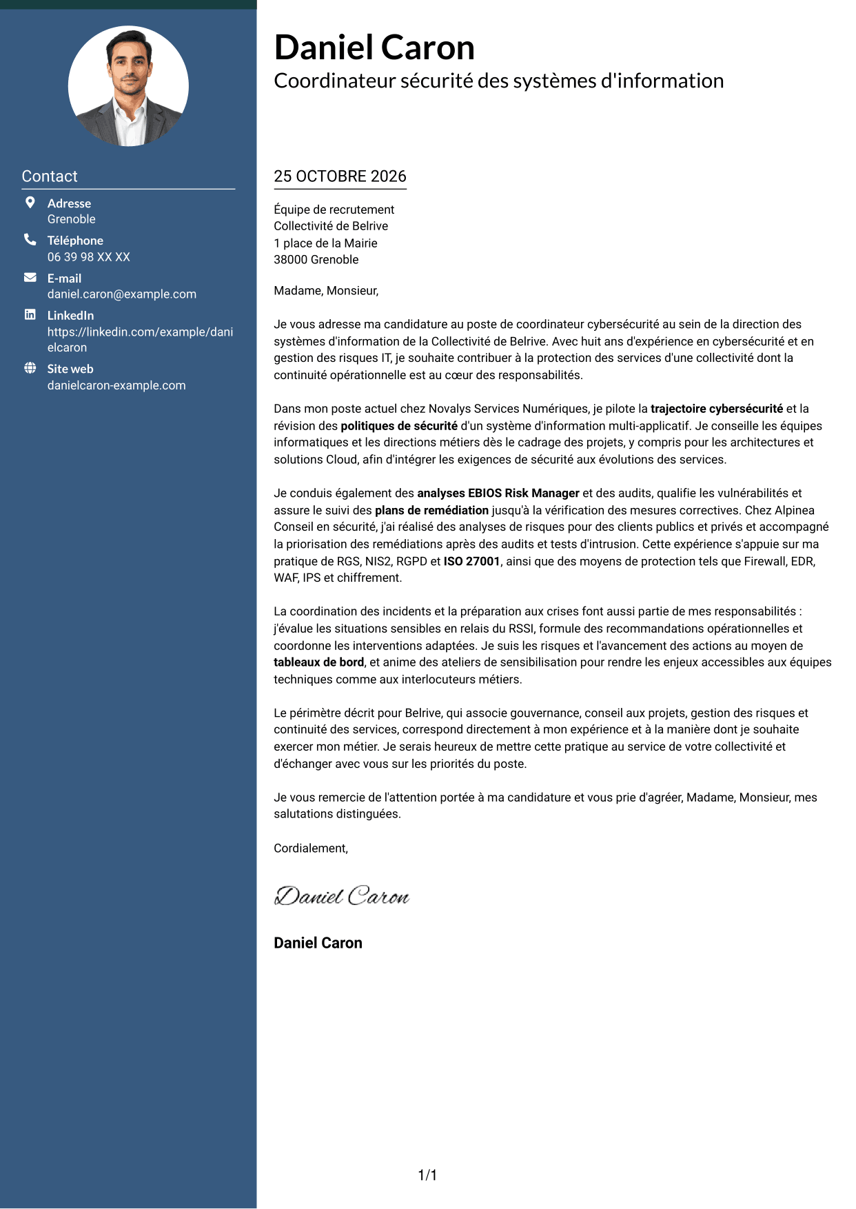 Lettre de motivation Élégant (format à colonne latérale colorée avec photo) : Coordinateur cybersécurité - Sécurité des systèmes d'information, page 1