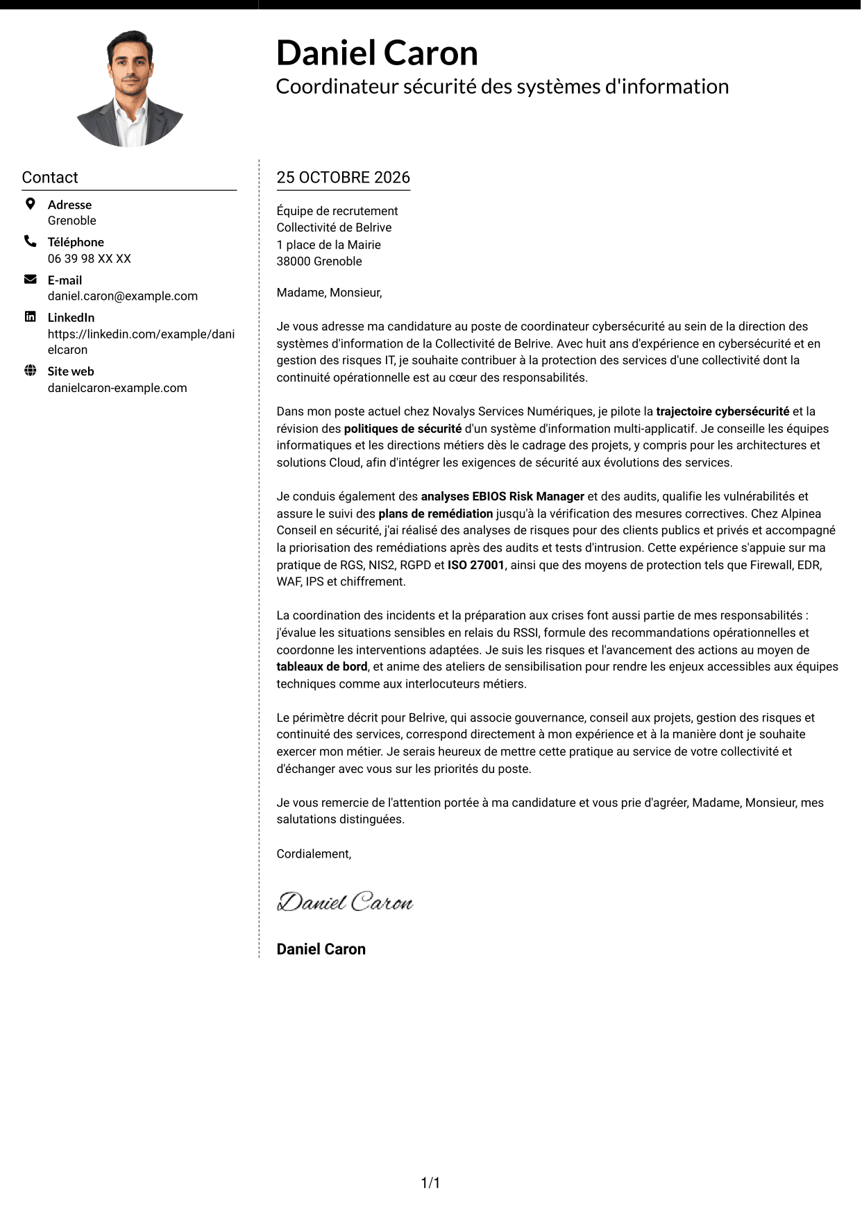 Lettre de motivation Moderne (format à deux colonnes avec photo à gauche et séparateur) : Coordinateur cybersécurité - Sécurité des systèmes d'information, page 1