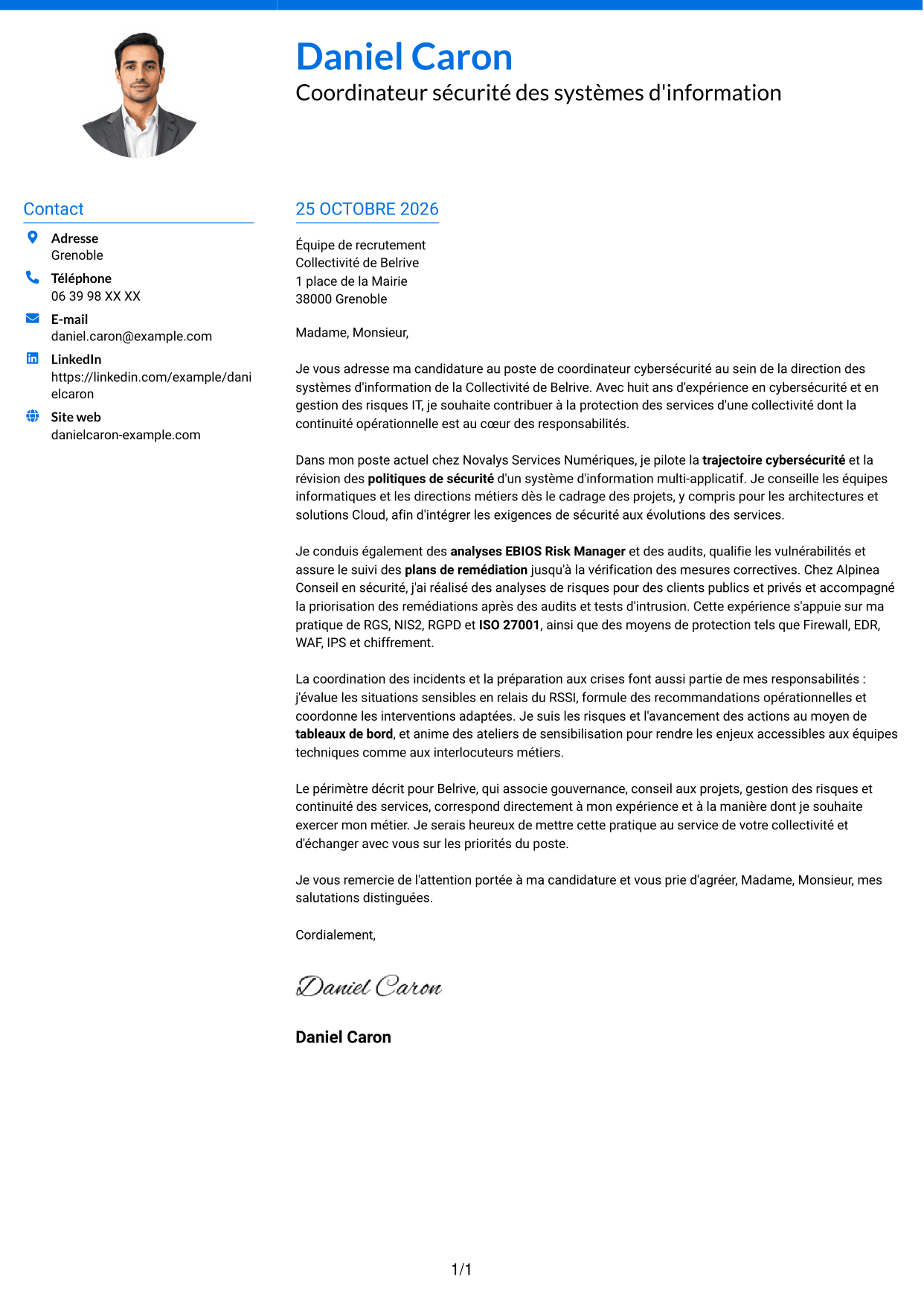 Lettre de motivation Audacieux (format à deux colonnes avec accents colorés et photo) : Coordinateur cybersécurité - Sécurité des systèmes d'information, page 1