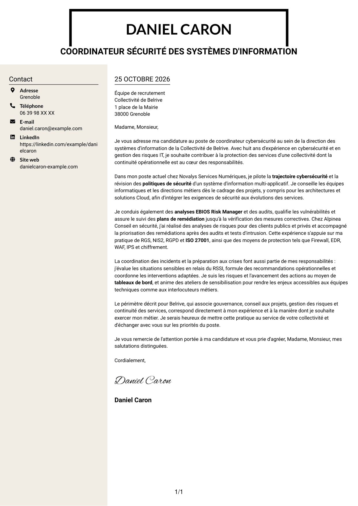 Lettre de motivation Fonceur (format à deux colonnes avec en-tête centré sans photo) : Coordinateur cybersécurité - Sécurité des systèmes d'information, page 1