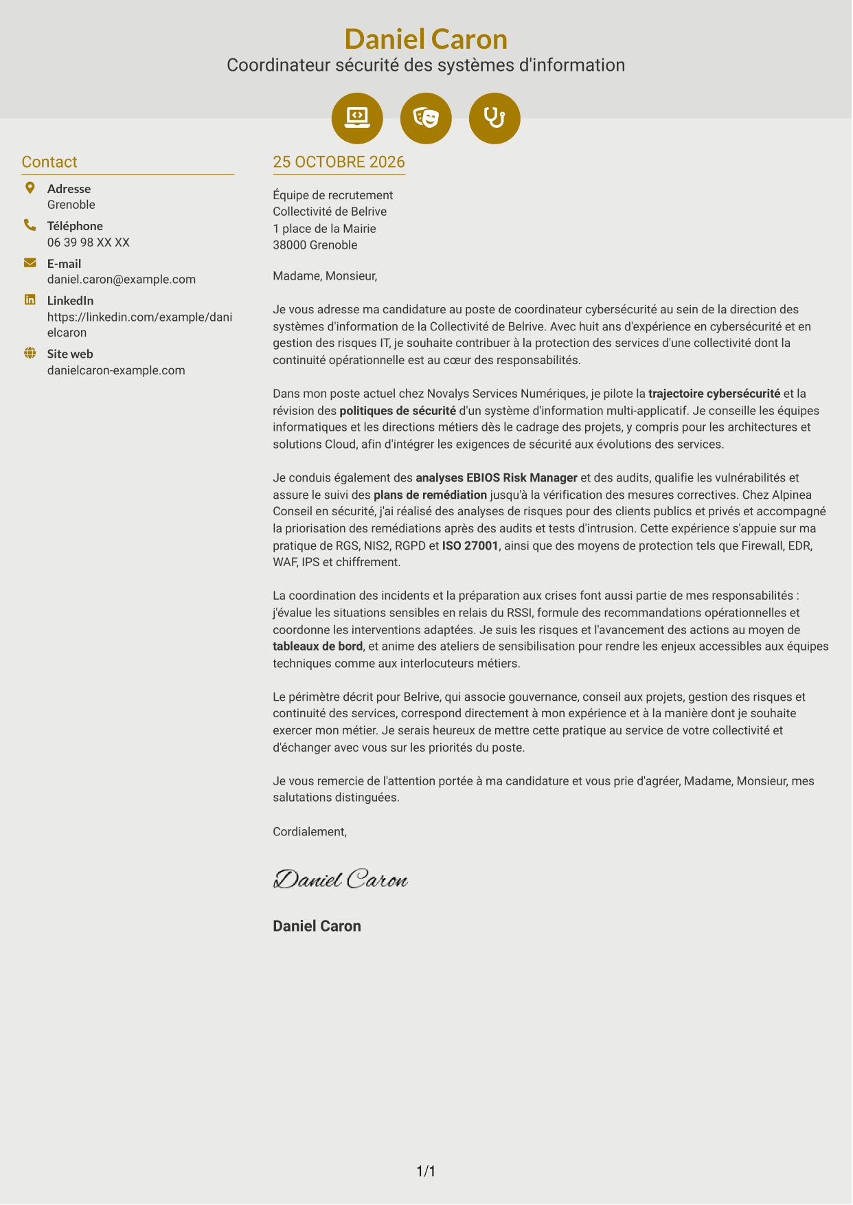 Lettre de motivation Dynamique (format à deux colonnes avec icônes) : Coordinateur cybersécurité - Sécurité des systèmes d'information, page 1
