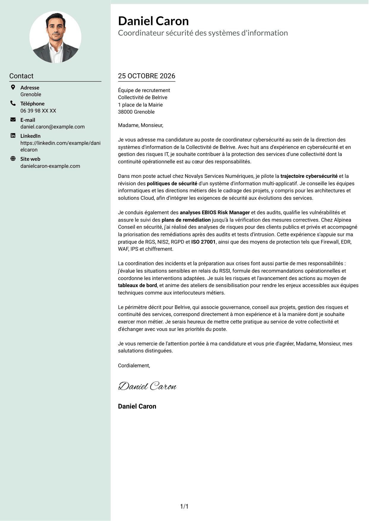 Lettre de motivation Cadre (format à colonne latérale douce avec photo arrondie) : Coordinateur cybersécurité - Sécurité des systèmes d'information, page 1