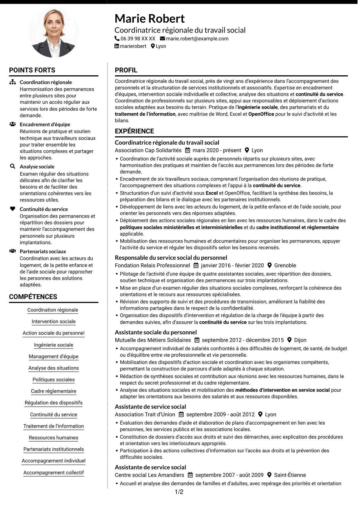 CV Moderne (format à deux colonnes avec photo à gauche et séparateur) : Coordinatrice régionale du travail social - Action sociale du personnel, page 1