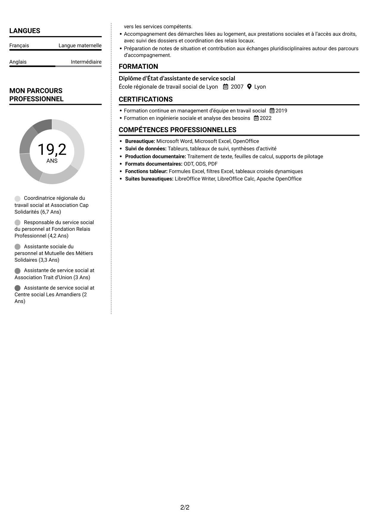 CV Moderne (format à deux colonnes avec photo à gauche et séparateur) : Coordinatrice régionale du travail social - Action sociale du personnel, page 2