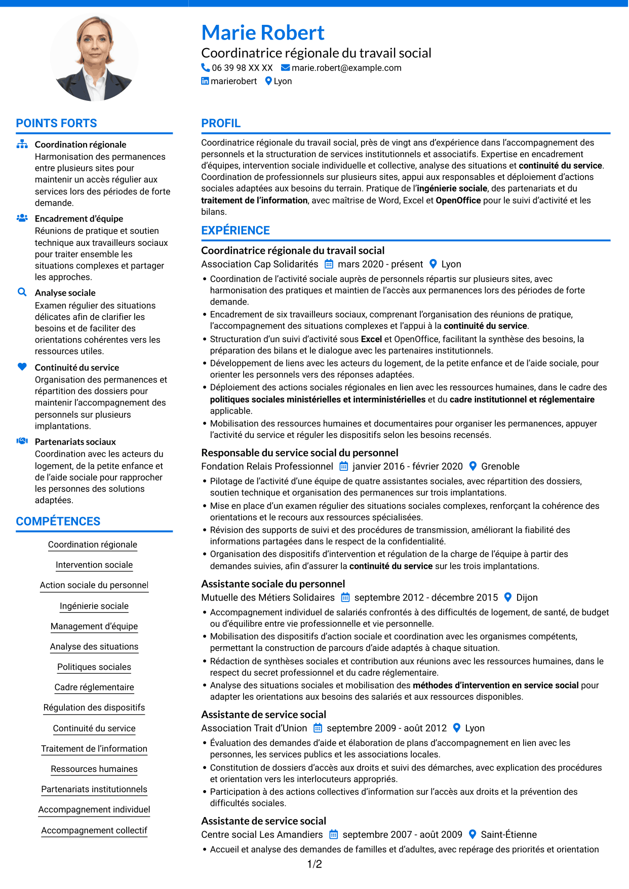 CV Audacieux (format à deux colonnes avec accents colorés et photo) : Coordinatrice régionale du travail social - Action sociale du personnel, page 1