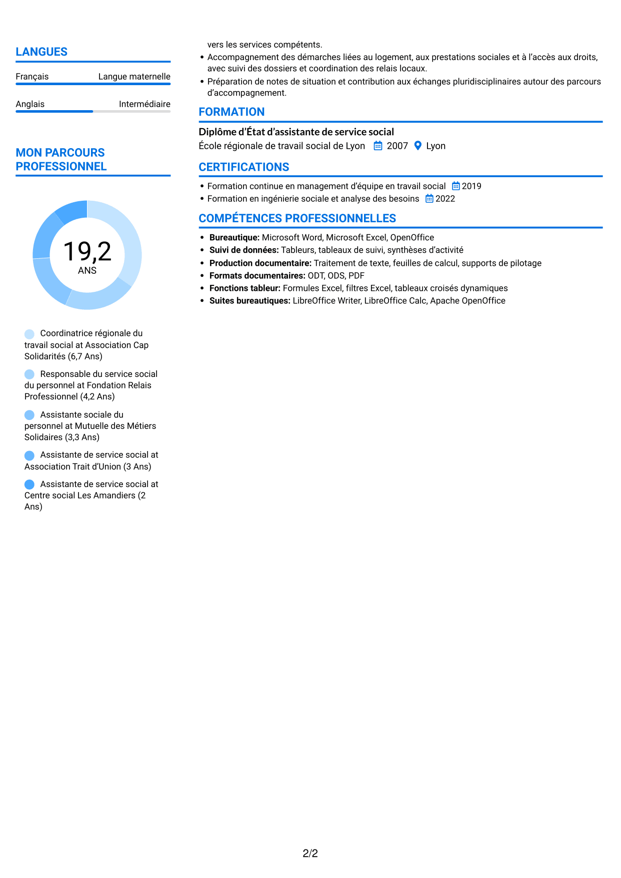 CV Audacieux (format à deux colonnes avec accents colorés et photo) : Coordinatrice régionale du travail social - Action sociale du personnel, page 2