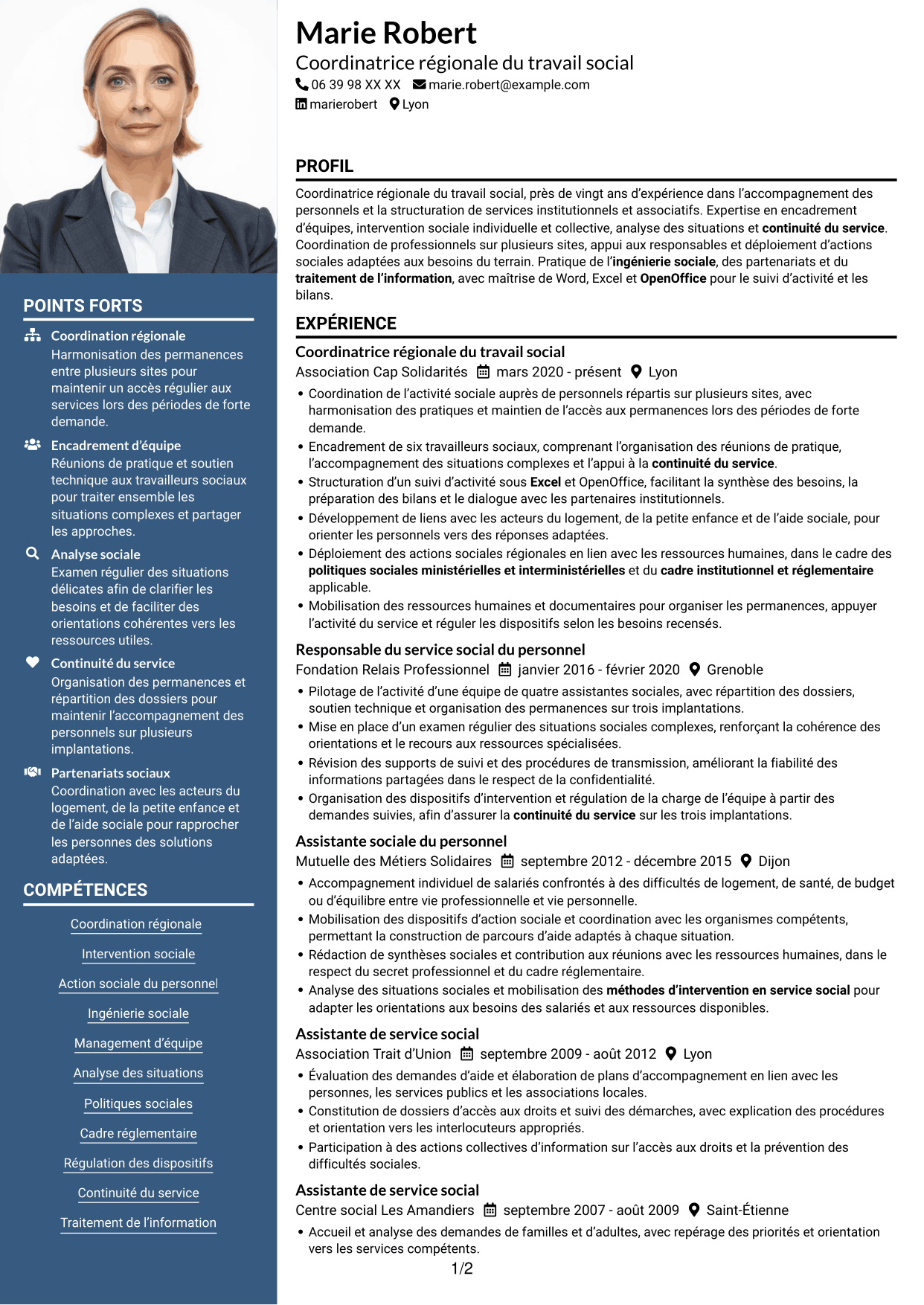 CV Signature (format à colonne latérale colorée avec grande photo) : Coordinatrice régionale du travail social - Action sociale du personnel, page 1
