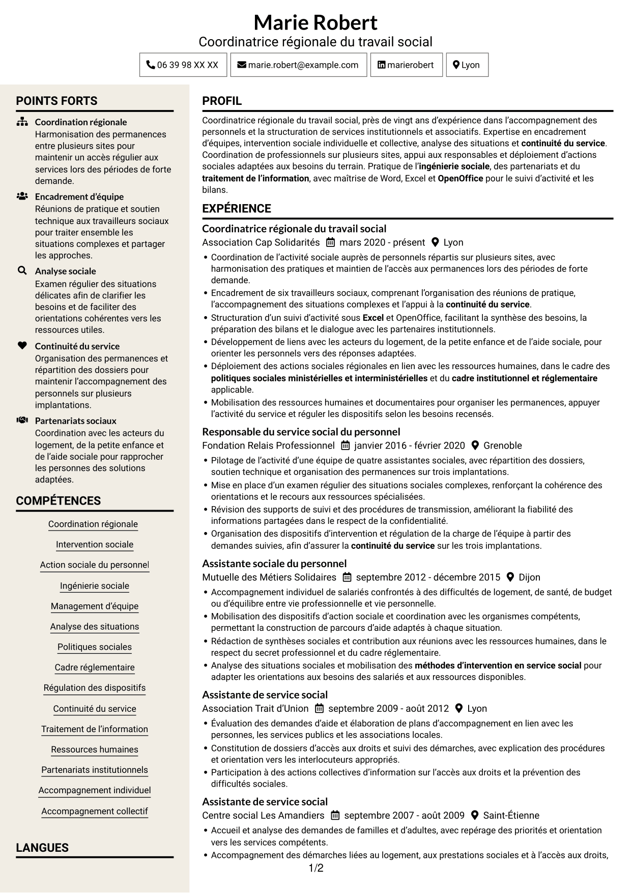 CV Fonceur (format à deux colonnes avec en-tête centré sans photo) : Coordinatrice régionale du travail social - Action sociale du personnel, page 1