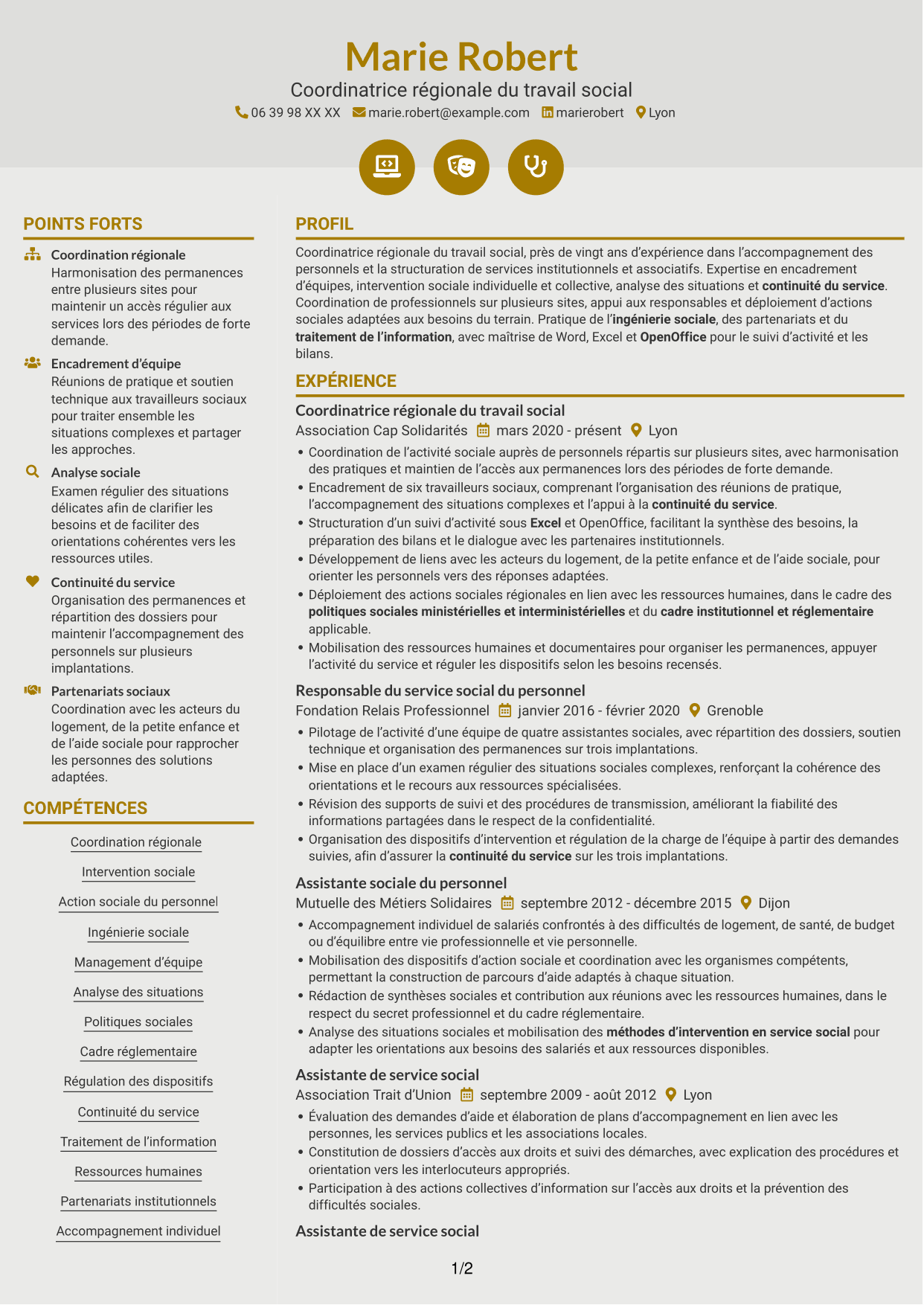 CV Dynamique (format à deux colonnes avec icônes) : Coordinatrice régionale du travail social - Action sociale du personnel, page 1