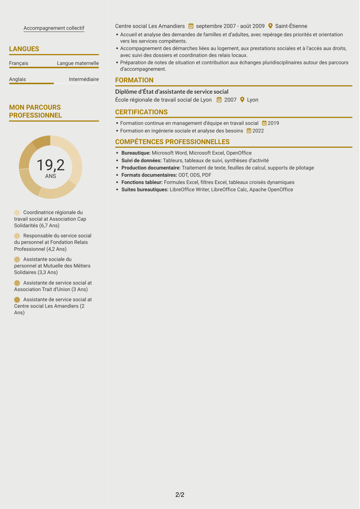 CV Dynamique (format à deux colonnes avec icônes) : Coordinatrice régionale du travail social - Action sociale du personnel, page 2