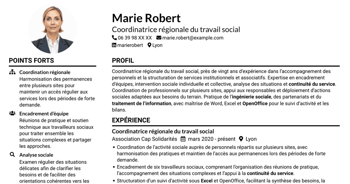 7 modèles de CV pour Coordinatrice régionale du travail social - Action sociale du personnel, avec exemples
