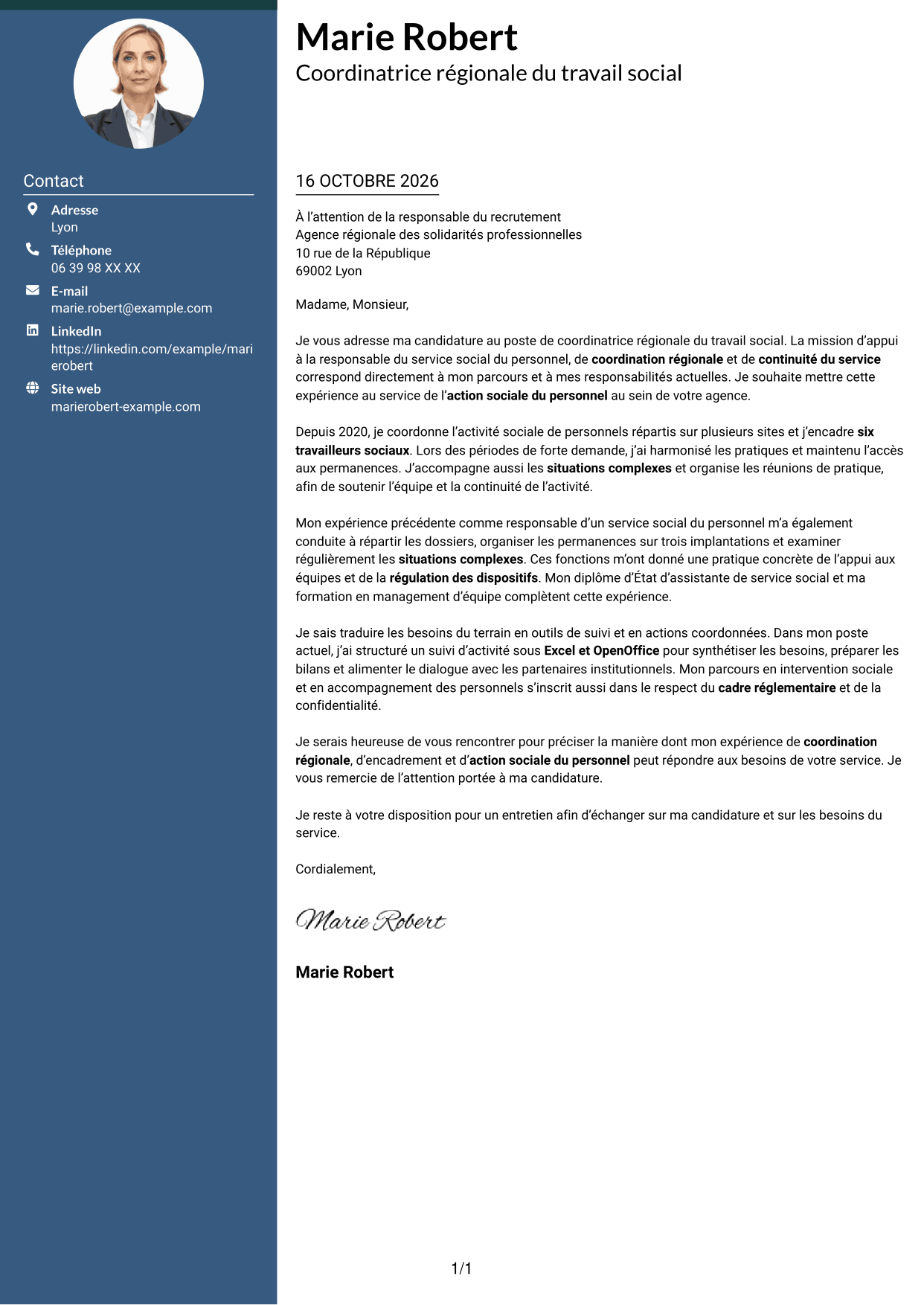 Lettre de motivation Élégant (format à colonne latérale colorée avec photo) : Coordinatrice régionale du travail social - Action sociale du personnel, page 1