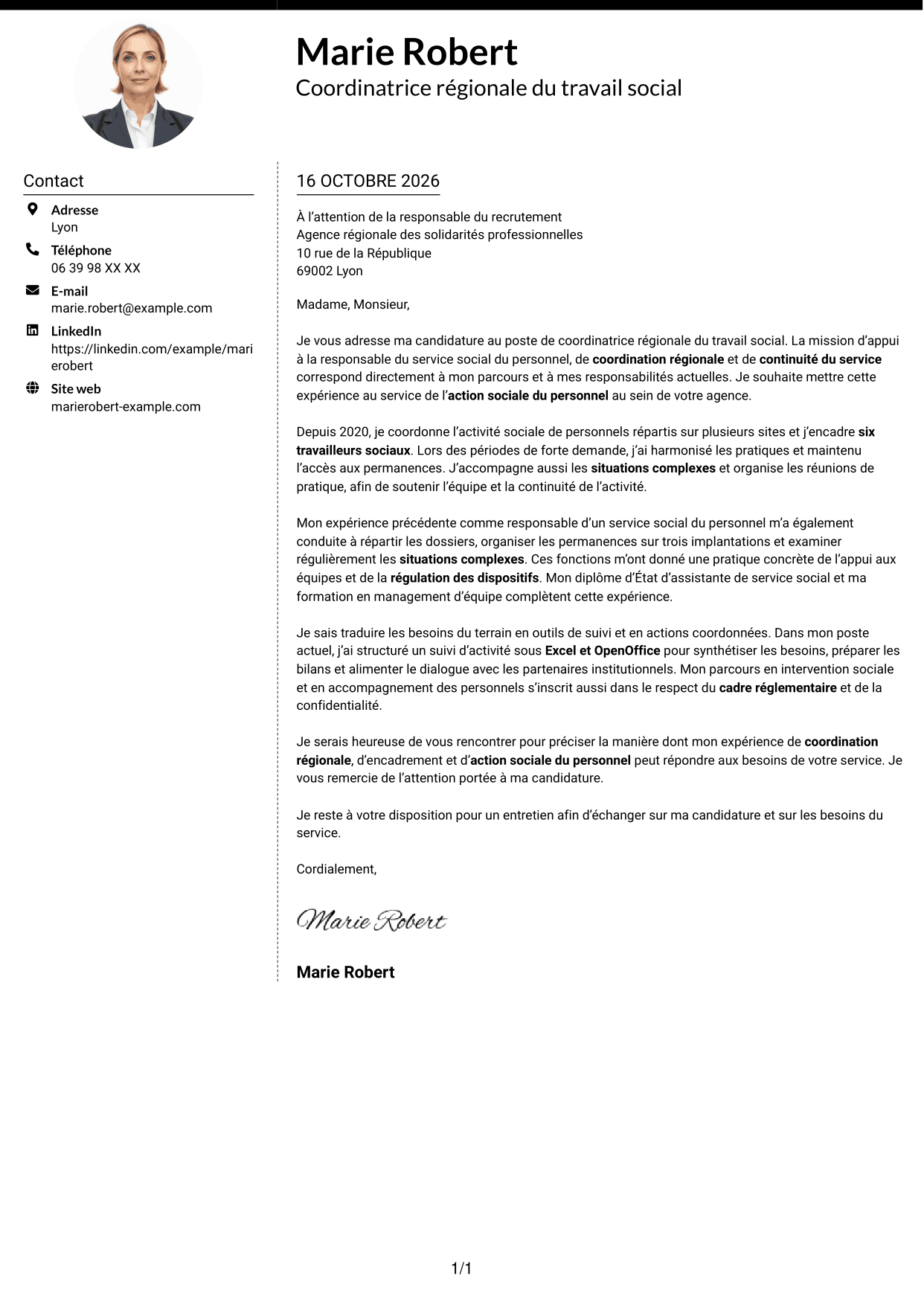 Lettre de motivation Moderne (format à deux colonnes avec photo à gauche et séparateur) : Coordinatrice régionale du travail social - Action sociale du personnel, page 1