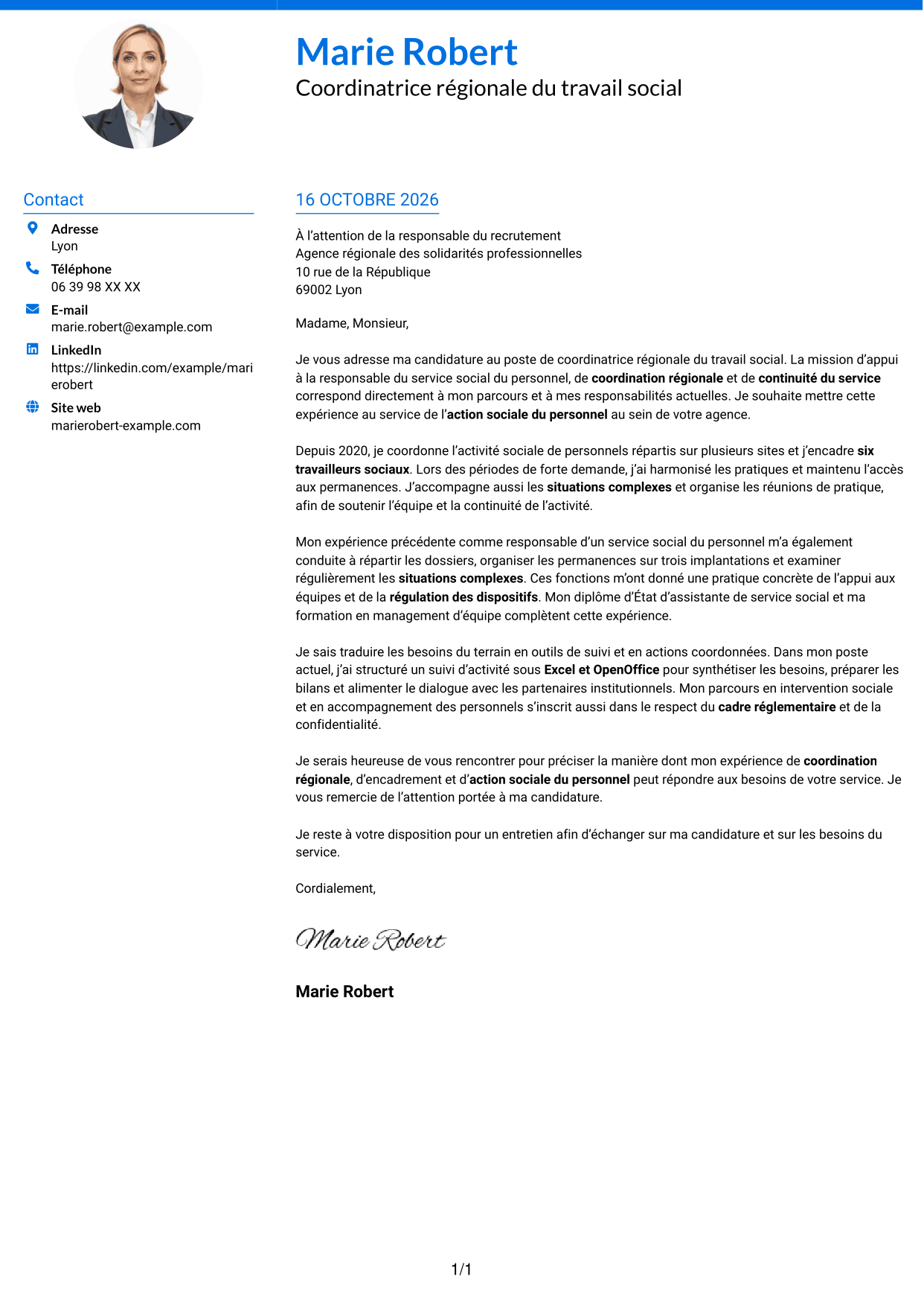 Lettre de motivation Audacieux (format à deux colonnes avec accents colorés et photo) : Coordinatrice régionale du travail social - Action sociale du personnel, page 1