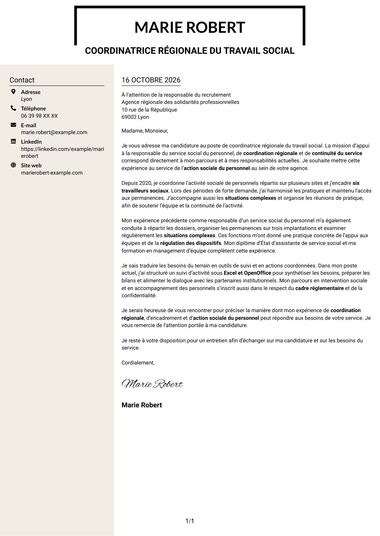 Lettre de motivation Fonceur (format à deux colonnes avec en-tête centré sans photo) : Coordinatrice régionale du travail social - Action sociale du personnel, page 1