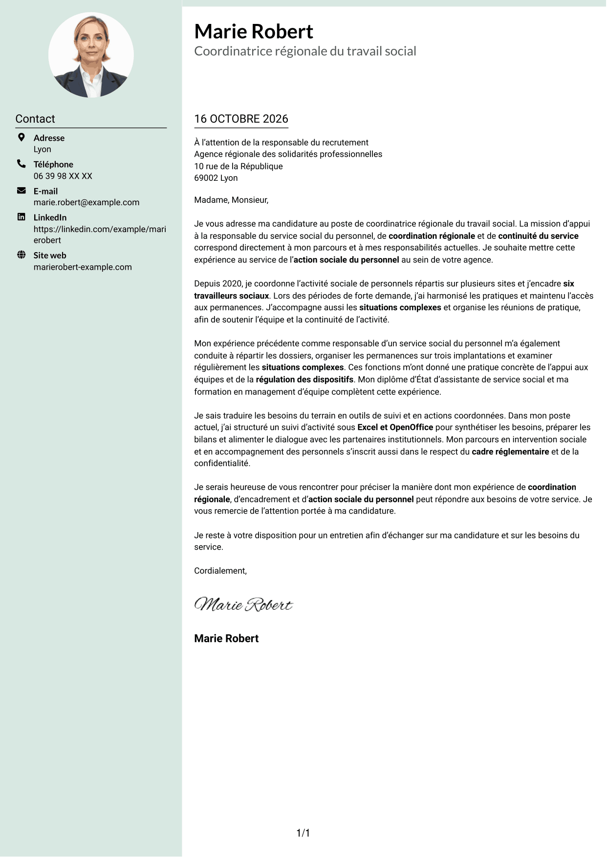 Lettre de motivation Cadre (format à colonne latérale douce avec photo arrondie) : Coordinatrice régionale du travail social - Action sociale du personnel, page 1